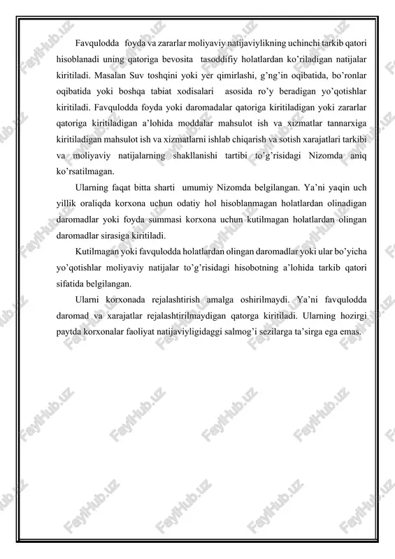 gan holda joriy davr bo’yicha korxonaning hisob foydasi aniqlanadi. korxona hisob foydasi davlatning va axborot foydalanuvchilarning e’tibor shartidagi asosiy qator hisoblanadi. daromad va xarajatlar ularning yuzaga chiqish vaqti va o’rni bo’yicha yuritilgan holda yakuniy natija ushbu qoida asosida tuziladi. korxona hisob foydasi yoki soliq to’loviga qadar bo’lgan foyda (zarar) summasidan foyda daromaddan soliqlar va boshqa foydadan soliqlar, to’lovlar va ajratmalarni chegirish asosida korxonaning joriy davr bo’yicha sof foyda (zarar) summasi aniqlanadi. respublika soliq qonunchiligiga muvofiq barcha xo’jalik hisobidagi korxonalar daromad solig’i to’lovchilar hisoblanadi va ularning ayrim guruxi bo’yicha doimiy va vaqtinchalik imtig’zlar belgilangan. rentabellik va uning ko’rsatkichlar tizimi korxona faoliyat natijaviyligi baho berishning asosiy ko’rsatkichlaridan biri rentabellik ko’rsatkichi hisoblanadi. rentabellik korxona foydalik darajasini xarakterlaydi. odatda uning bir necha turlari hisob kitob qilinadi. bu bevosita mulkning shakli bo’yicha daromadalarning yuzaga chiqish o’rni yoki bazasi bo’yicha, foydaning o’zgarishiga ta’sir etuvchi birliklar buyicha yoki mustaqil birliklar bo’yicha aniqlanishi mumkin. rentabellikning xalq xo’jaligida quyidagi …