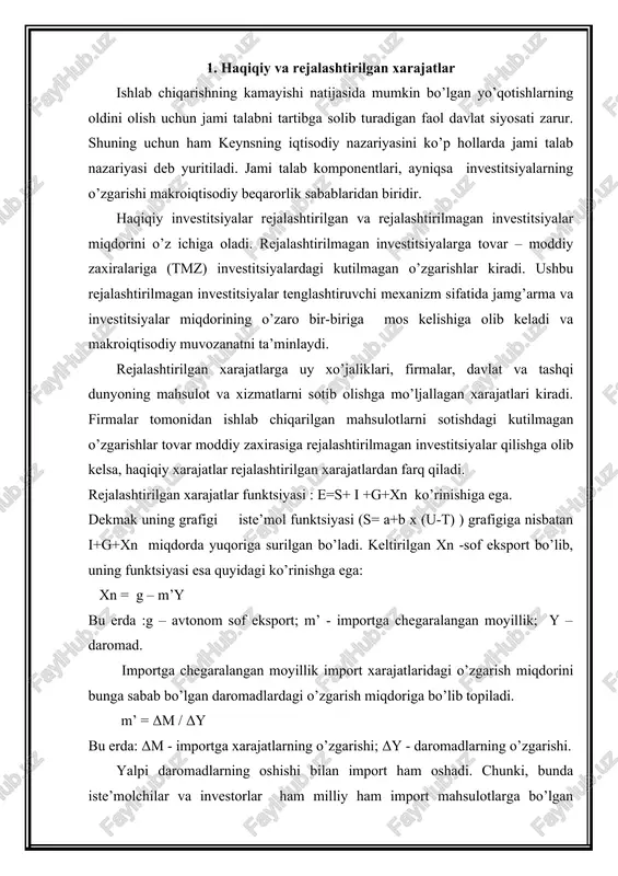 mportga xarajatlarning o’zgarishi; δy - daromadlarning o’zgarishi. yalpi daromadlarning oshishi bilan import ham oshadi. chunki, bunda iste’molchilar va investorlar ham milliy ham import mahsulotlarga bo’lgan xarajatlari miqdorini oshiradilar. ayni paytda mamlakatning eksporti hajmi shu mamlakatdagi yalpi daromadlar (y) miqdoriga bevosita bog’liq bo’lmaydi, balki tovar olib chiqib ketayotgan mamlakatning yalpi daromadlari o’zgarishiga bog’liq bo’ladi. shuning uchun ham mamlakatdagi yalpi daromadlar (y) o’zgarishi bilan sof eksport (xn) o’rtasidagi bog’liqlik salbiydir va sof eksport funktsiyasida minus ishorasi bilan belgilanadi. keynsning makroiqtisodiy muvozanat modelini ko’rib chiqish jarayonini soddalashtirish uchun sof eksport miqdori yalpi daromadlar (y) o’zgarishiga bog’liq emas deb olinadi. shuning uchun sof eksport to’lig’icha avtonom xarajatlar miqdoriga qo’shiladi, ya’ni avtonom xarajatlar (a + i + g +xn) yig’indiga teng deb olinadi. 2. «keyns xochi». ishlab chiqarish hajmining muvozanat darajasiga erishish mexanizmi rejalashtirilgan xarajatlar chizig’i haqiqiy va rejalashtirilgan xarajatlar birbiriga teng bo’lgan (y=e) chiziqni qaysidir a nuqtada kesib o’tadi. quyida keltirilgan 16-chizmada tovarlar va …