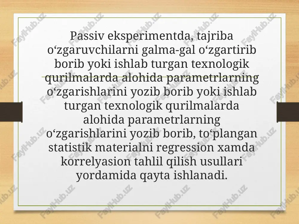 shunday qiymatlarini topish kerakki, unda f(bo;b1;b2) funksiya minimumga intilsin. bu funksiyaning f(bo;b1;b2) minimumga intilish sharti, quyidagi shartni bajarilishidir (funksiya ekstremumi borligining zaruriy sharti), ushbu tenglamalar tizimsida nechta noma’lum koeffitsient bo‘lsa, shuncha tenglamalardan tashkil topgan. bu matematik statistikada normal tenglamalar tizimsi deyiladi. bu tenglamalar tizimsini funksiyaning umumiy ko‘rinishi uchun yechib bo‘lmaydi. buning uchun funksiyaning konkret ko‘rinishini tanlab turib masalani yechish kerak. staxostik jarayonlarni matematik modellashtirishda, odatda eksperimental statistik modellashtirish usuli qo‘llaniladi . bunda texnologik jarayonning matematik modelini tuzishda , shu ob’ektda olingan tajriba natijalaridan foydalaniladi. chiziqli regressiya-qandaydir texnologik jarayonning matematik ifodasini tuzish kerak bo‘lsin ( 2 - rasm). tj x y bu texnologik jarayonning chiqish parametri (u) kirish parametri (x) ga bog‘liq o‘zgaradi , ya’ni ular orasida qandaydir funksional bog‘liqlik bor, u=f(x). (masalan: berk idishdagi bosimning har xil qiymatlariga, idish ichidagi suyuqlikning har xil qaynash temperaturasi mos keladi). agar bu bog‘liqlik matematik ifodasini, ma’lum qonuniyatlar orqali analitik ifodalash mumkin bo‘lmasa, unda …