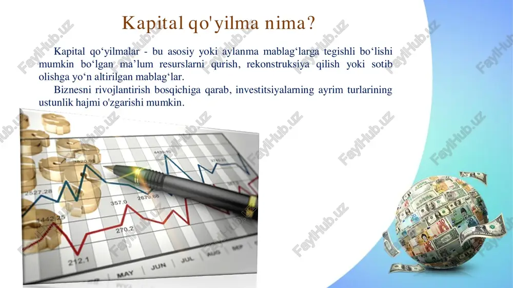 ! ikkinchidan, kompaniyaning asosiy fondlariga sarmoya kiritishning markazlashmagan usuli mavjud. bu mahalliy boshqaruv tuzilmalari darajasida mablag'larga investitsiyalar bo'yicha qarorlar qabul qilishni o'z ichiga oladi. masalan - ichki ishlab chiqarishni rivojlantirish va optimallashtirish xizmati f in d m o re p o w e rp o in t te m p la te s o n p re z e n tr .c o m ! kapital qo’yilmalarning o’zini qoplash muddati va iqtisodiy samaradorligi toʻlov muddatiturli korxonalar o'rtasidagi iqtisodiy ko'rsatkichlarni solishtirganda kapital fondlarga investitsiyalar juda katta farq qiladi. qoida tariqasida, kichik korxonalarda bu yirik korxonalarga qaraganda ancha past. kichik zavodning asosiy fondlarini yangilash odatda 3-4 yil ichida to'lanadigan sarmoyani o'z ichiga oladi. xuddi shunday modernizatsiyaga ega yirik zavod, qoida tariqasida, kapital qo'shilgan qiymatdan foyda ko'rinishida qaytarilgunga qadar taxminan 10 yil ishlashi kerak. f in d m o re p o w e rp o in t te m p la te …