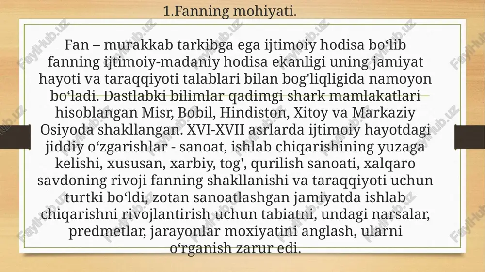 an oʻzlashtiradi moddiy xamda ma’naviy. inson oʻz extiyojlari va manfaatlaridan kelib chiqqan xolda olam, undagi narsa, hodisa,jarayonlarning mohiyatini, qonuniyatlarini anglashga intiladi. bu bilishda oʻz ifodasini topadi. bilish — insonning olamga faol munosabati, ijtimoiy — tarixiy amaliyot bilan boshlanadigan yangi bilimlarni hosil qilish, mukammallashtirish jarayoni. bilish ikki koʻrinishda - kundalik va ilmiy bilishda namoyon boʻladi. ilmiy bilish - olamni chuqur, atroflicha bilish, uning qonuniyatlarini anglash jarayoni. ilmiy bilish: fan ilmiy bilimlarni hosil qilishga qaratilgan, yuksak darajada tashkil etilgan va ixtisoslashtirilgan faoliyat. fan –inson ma’naviy faoliyatining oliy shakli. bu olimlar faoliyatida o’z ifodasini topadi va ilmiy tadqiqot, deb yuritiladi. fan – faoliyati. 2.fan taraqqiyoti tarixining asosiy bosqichlari. fanning shakllanishi masalasiga uzoq davom etgan tarixiy jarayon sifatida yondashish o’rinli. 1. fan shakllanguniga qadar boʻlgandan oldingi davri: eramizdan avvalgi 1-mingyilliklardan xvii asrgacha 2. klassik fan: xvii-xix asrlar 3. noklassik fan: xix asrning ii yarmi — xx asr. 4. hozirgi zamon fani postnoklassik fan: xx …