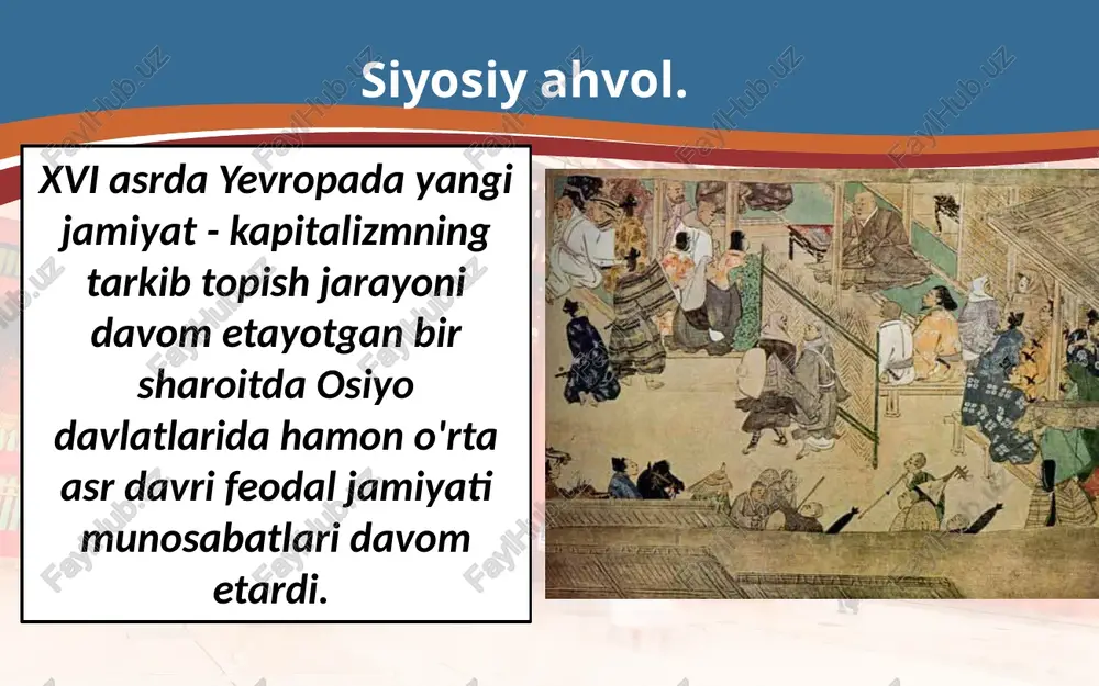 so'ng syogunlik hokimiyatini tokugava iayasu egalladi. tokugava iayasu tokugava xidayosining xristianlikni ta'qib etish siyosatini davom ettirdi. 1614- yilda syogun xristian dinini taqiqlovchi qonun chiqardi. bu hol yaponiyaning yevropa bilan munosabatlariga ta'sir etmay qolmadi. natijada yaponiya tashqi dunyodan o'zini-o'zi ajratib qo'ydi. yosimune islohotlari. yosimune tokugava sulolasining eng mashhur davlat arbobi sifatida tanildi. u bu suloladan chiqqan sakkizinchi syogun bo'lib, 1716-1745- yillarda hukmronlik qildi. yosimune tokugava 12 u qo'riq yerlarni o'zlashtirish hisobiga dehqonchilik qiluvchilarni rag'batlantirish siyosatini yuritdi. sug'orish inshootlari tizimini takomillashtirdi. yerni sotish, sotib olish yoki garovga qo'yishni taqiqlovchi qonun chiqardi. mamlakat va jamiyat hayotini tartibga solishda u joriy etgan «100 moddali farmon» deb ataluvchi qonunlar to'plami katta ahamiyatga ega bo'ldi. savol va topshiriqlar 1. «kurashuvchi viloyatlar davri» iborasining mazmunini izohlab bering. 2. oda nobunaganing yaponiya tarixidagi xizmatiga baho bering. 3. toyotomi xidayosi va tokugava iayasularning yaponiya oldidagi xizmatlarini taqqoslang. 4. nega xidayosi va tokugava yaponiyada xristian dinini taqiqlash siyosatini yuritganlar? image2.jpg …