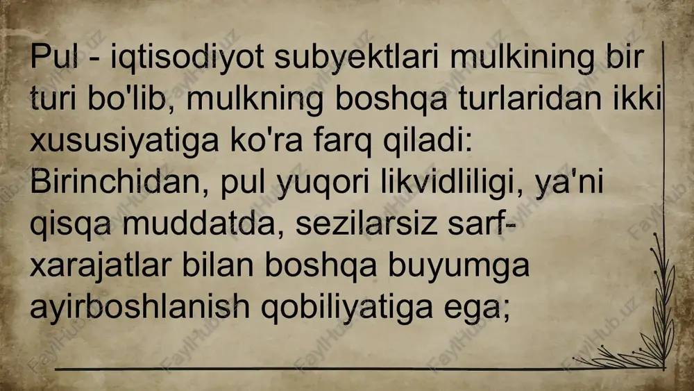 quqiga ega. ammo pul taklifini kopaytirish imkoniga yoki pul yaratish qobiliyatiga tijorat banklari ham ega. banklarning pul taklifini yuzaga keltirish qobiliyati depozitlarni majburiy zahiralash meyori bilan tartibga solib turiladi. pul taklifi va majburiy zahiralash meyori ortasidagi bogliqlikni quyidagi formula korinishida yozishimiz mumkin: m = (1/ rr ) x d bunda: m- pul taklifi hajmi; rr majburiy zahiralash normasi ; d - dastlabki depozit. pul bozoridagi muvozanat bu uning shunday holatiki, bunda pulga talab hajmi pul taklifi hajmi bir biriga mos keladi. uni sodda ko'rinishda quyidagi formula va bilan ifodalash mumkin: mx v=y x r bunda, m- muomalaga chiqarilgan pul; v-pulni aylanish tezligi; r- yaim deflyatori; y-realyalm ushbu ayniyatni pulning miqdoriy nazariyasi tenglamasi deb ataydilar. uning o'ng qismi real pul zaqirasi taklifini, chap qismi nominal yaim ni ifodalaydi. e'tiboringiz uchun rahmat! image1.png image2.jpeg image3.jpeg image4.jpeg