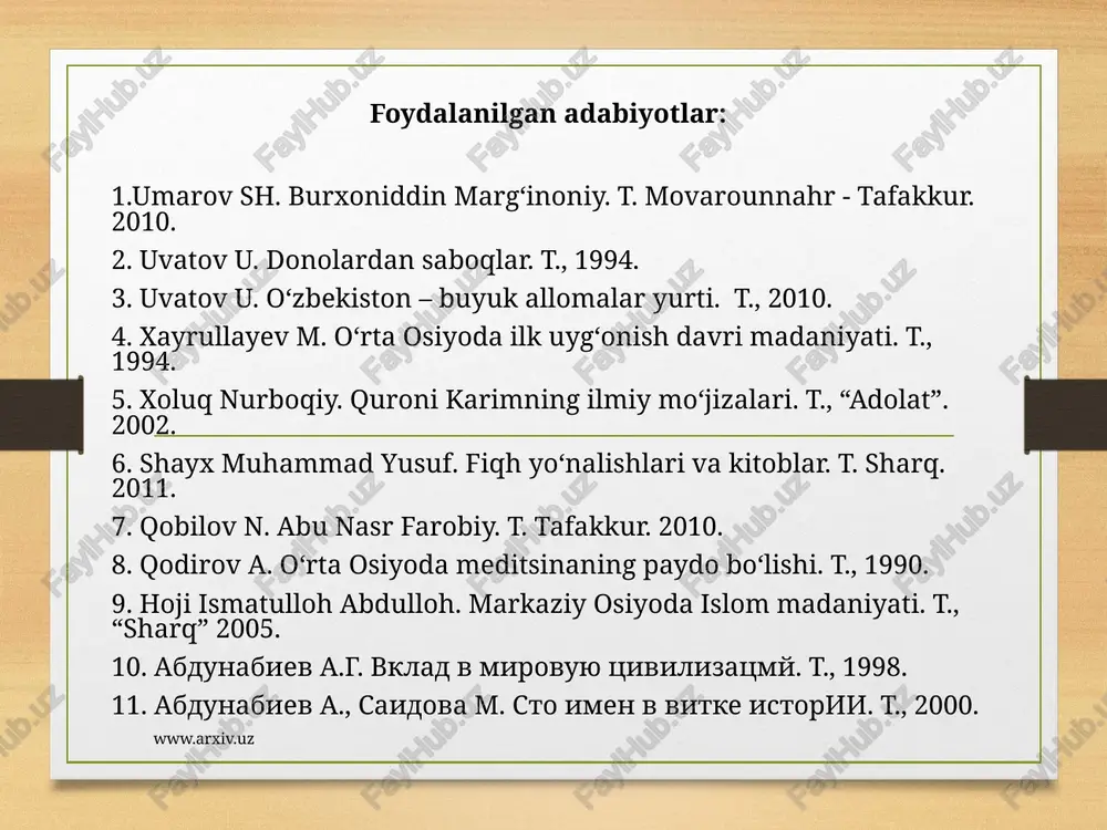 qilingan yurishlar va murakkab siyosiy fitnalar bilan to`lib-toshgan podsholik davri tugagach, bir oz vaqt uning to`ng`ich o`g`li hukmronlik qiladi, shundan keyin xorazm tarixida yorqin davr – ma'mun i ning o`g`illaridan bo`lmish ma'mun ibn ma'munning davri boshlanadi. bu haqda keyinroq batafsil ma'lumot beramiz. xorazmshohlar davlati “bayt ul-hikma”dagi ilm-fan va ilmiy yo`nalishlar. “bayt ul-hikma”da asosan riyoziyot, tibbiyot, ilmi-nujum, jo`g`rofiya, astrologiya, handasa va shunga o`xshash boshqa fanlar o`rgatilgan. olimlardan muhammad al-xorazmiy, ahmad al-farg`oniy, javhariy, sobit ibn qurra, abu abdulla muhammad ibn yusuf xorazmiy, al-xo`jandiy, as-sijiziy va boshqa olimlar ishlagan. bag`dodda tashkil qilingan akademiya to`g`risida yuqorida aytib o`tgan edik. nemis fan tarixchisi x.zuter o`zining matematika va astronomiya tarixiga bag`ishlangan asarida ix-x asrlarda bag`doddagi “bayt ul-hikma”da faoliyat olib borgan 500 dan ortiq olimlarning ro`yxatini keltiradi. chex olimi yu.rushkaning tadqiqoticha, bu olimlarning aksariyati xorazm, farg`ona, shosh va xurosonlik bo`lgan. bu “aksariyat”ning ham deyarli uchdan ikki kismini xorazmliklar tashkil qilgan. ma'mun akademiyasining tashkil qilinishi. xorazmiy (813-833) ”bayt …