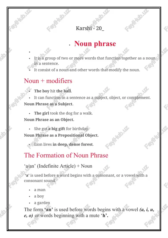 ns include prepositional phrases, adjective clauses, participle phrases, and infinitives. · lawyer with a crooked nose · face red with embarrassment · devil in disguise noun phrases: dependent words grammar > nouns, pronouns and determiners > noun phrases > noun phrases: dependent words from english grammar today in a noun phrase, dependent words before the head are either determiners (e.g. the, my, some) or premodifiers (e.g. adjectives). dependent words after the head are either complements or postmodifiers. noun phrases: determiners (a, the, my, his, some, this, etc.) determiners come first in a noun phrase (e.g. the big black car). they include: articles: a/an, the demonstratives: this, that, these, those possessive determiners: my, your, his, her, etc. quantifiers: some, any, all, enough, no, every, etc. numerals: one, two, three, etc. interrogative words: which, what, whose determiners show the type of reference the noun phrase makes. the reference may be definite (the), …