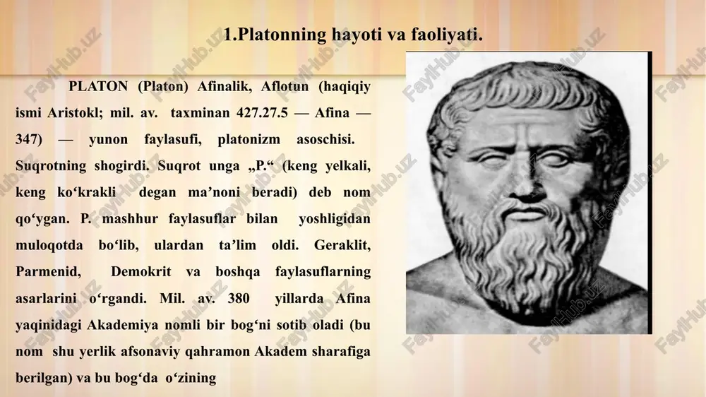 odam ikki olamga tegishlidir. ruh insonning haqiqiy qismidir. biz hayot deb ataydigak narsa ruh jismoniy tanada yashaydigan vaqtdir. p.ning bilish nazariyasi uning gʻoyalar haqidagi nazariyasiga asoslanadi. bilish — anam-nesis, yaʼni jonning eydoslar haqidagi xotirasi. eydosga boʻlgan muhabbat (eros) maʼnaviy yuksalishga undaydigan sababdir. 5 platon. pedagog va tarbiya nazariyotchisi sifatida ham mashhur. fuqarolarni tarbiyalash davlatning asosiy vazifalaridan deb hisobladi. uning fikricha, bolalar qayotining birinchi kunidanoq maxsus muassasalarda tarbiyalanishi kerak: 3-7 yoshda oʻyinlar maktablaridagi uylar yoki bogʻchada taʼlim olishi; 7-17 yoshda maktabda yozuv, oʻqish, musiqani oʻrganishi; 17-20 yoshda harbiy-gimnastik taʼlim olishi; 20-30 yoshda kelajakda hukmdor uchun zarur boʻlgan falsafiy taʼlim olishi lozim. 6 platon qarashlarida jamiyat, davlat toʻgʻrisidagi taʼlimot markaziy oʻrinlardan birini tashkil qiladi. u davlat fuqarolarini 3 tabaqaga boʻlgan: 1-tabaqa — davlatni boshqarib turadigan donishmand hukmdorlar; 2-tabaqa — davlatni dushmandan himoya qiladigan harbiylar; 3-tabaqa — davlatni va yuqoridagi 2 ta-baqani moddiy jihatdan taʼminlab turadigan deqqonlar va hunarmandlar. p. davlat boshqaruv shaklini …