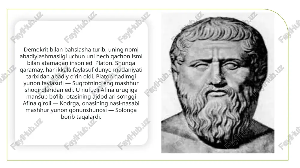 zasidan yigʻilgan insonlarni anglatuvchi “akademiya” soʻzi paydo boʻladi. platon akademiyasida 4 ta asosiy fan: matematika, astronomiya, musiqa va dialektika oʻrgatilgan. platon fikricha, qolgan barcha fanlar, masalan, tibbiyot yoki mexanika faqat hunarmandlarga kerak boʻlgan. afinada u oʻzining dialog shaklida yozilgan asosiy risolasini yaratadi. platondan boshlab dialog falsafiy risolaning asosiy shakliga aylanadi. bu asarida u turli muammolar — dunyoning tuzilishi, bilimning ahamiyati, yunon afsonalarini muhokama qiladi. platon sekin-asta butun dunyo yagona yaratuvchi alloh tomonidan yaratilgan degan xulosaga keladi. koʻp yillardan soʻng xristianlik paydo boʻlgach, uning bu gʻoyasi rivojlanib ketadi. oʻz davrida platonga butunlay befarq qarashadi, chunki u oʻsha davrga xos tafakkurdan ancha ilgarilab ketgan edi. platon oʻz oʻlimidan soʻng tashkil qilingan falsafiy maktablarga katta taʼsir oʻtkazadi. bu maktablar platonning dunyo tuzilishi va mantiqiy zanjir tuzish qobiliyati haqidagi konsepsiyalarini oladi. platonning 20 ta asari ichida eng mashhuri “respublika” risolasi boʻlib, hozirgacha boʻlajak sotsiolog va faylasuflar shu risola asosida oʻqitiladi. platon butun umri davomida …