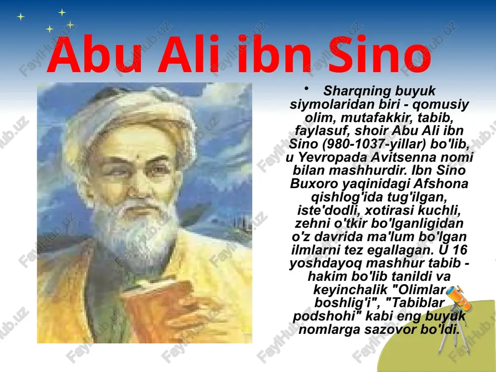 iqsa, ikkinchisi imkoniyat tufayli mavjud bo’lgan narsalardir. kashfiyotlar silsilasi ibn sino jurjon shahrida istiqomat qilgan paytlarida shaharning geografik uzunligini o’z davri uchun butunlay yangicha usulda aniqlab bergan. bu usulyevropada 500 yildan keyin. 1514 yili astronom verner tomonidan qaytadan kashf qilingan.allomaning, ayniqsa,tibbiyot sohasida ta’limoti bebahodir. bobokalonimizning bemorga tashxis qo’yish usullaridan ayrimlari hozircha ham qadrini yo’qotgani yo’q. u abadiy davom etadi istiqlol – abu ali ibn sinoning izzat-hurmatini, qadrini, xotirasinigina emas, uning g’oyalarini ham tikladi. bobokalonimiz “aqsom al-ulum al aqliya”(aqli ilmlar tasnifi) asarining amaliy falsafa qismida insonlar o’zaro totuv,hamkorlikda, bir-birlariga ko’mak berishga shay holatda yashasalar,o’zaro kelishilgan qonunlar asosida jamiyatda adolatni barqaror qilsalar,yuksak axloqiy hislatlar:to’g’riso’zlik,qat’iyat,kamtarlik,jasurlik, sofdillik, tashabbuskorlik jamiyat va uning a’zolari fazilatiga aylansa,qabul qilingan qonunlar ustuvor bo’lsa,unga bo’ysunib ish yuritish taomilga kirsa,ideal jamiyat shu mavjud dunyoda barpo rtish mumkin,deb ta’kidlaydi.mustaqilligimizning ilk kunlaridan bugunga qadar biz yurtboshimiz rahnamoligida ana shunday barqaror jamiyat sari qadam tashlanayotganini ko’ramiz tib ilmining sarvari. abu ali al-husayn ibn abdulloh …