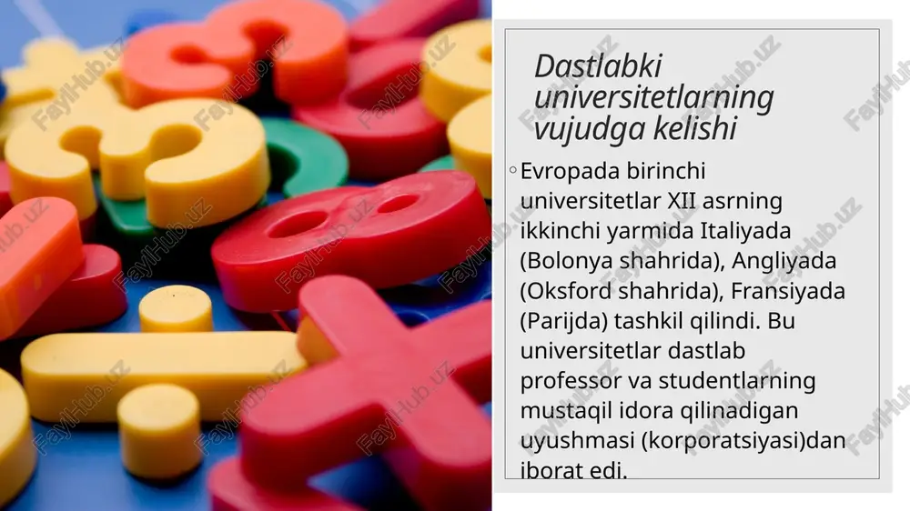 uridik fakultetida o‘qishni davom ettirish imkonyatiga ega bo‘lar edi. bu faultetlarda o‘qish muddati 5—6 yil bo‘lib, uni tamomlaganlar doktor, yoki olim unvonini olar edi. o‘rta asr universitetlari cherkov nazorati ostida ishlaganliklari oqibatida sxolistika ruhidagi maktabga aylanib qolgan edilar. bunda atrof-tevarakda real fakt va hodisalarni o‘rganish bilan emas, balki cherkov ruhoniylari tomonidan ma’qullangan va tavsiya qilingan kitoblarni yodlab olish bilan shug‘ullanardilar.shu sababdan bunda o‘qish quruq qiroatxonlikdan iborat bo‘lib qoldi. universitetlarda o‘qitish metodlari leksiya, cherkov tomonidan tasdiqlangan darslik va asarlarni yodlash va disput (munozara)lardan iborat edi. universitetlarda o‘qish faqat lotin tilida olib borilar edi. o‘rta asr talabalari hayoti dastlabki davrlarda talabalarning hayoti hozirgidan ancha farq qilgan, albata. talabalar turli hududlardan ta’lim olish uchun kelgan va har xil yoshda bo‘lishgan. ular 12-asrda oksfordga kelib o‘rnasha boshlaganda kichik mehmonxonalarni yoki shahar atrofidagi hududlarni yashash uchun tanlashgan, ba’zilar esa birgalikda biror uyni ijaraga olib yashay boshlagan. talabalar leksiyalarda va ijtimoiy tadbirlarda qatnashardi. shuningdek, ular bir …