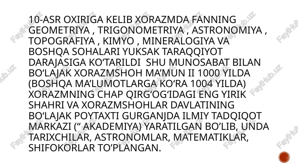 aridan abu bakr alxorazmiy, tabib abulfaraj ibn hindu sheʼriyatda yuksak mahoratga erishganlar. xorazm tarixi, dinlari, taqvimi, bayramlari, urfodatlari, yozuvi, milliy qadriyatlari haqidagi qimmatli maʼlumotlar ularning faoliyati tufayli bizgacha yetib kelgan oʻzbekiston respublikasi prezidentining «xorazm maʼmun akademiyasini qaytadan tashkil etish toʻgʻrisida»gi farmoni (1997-yil 11 noyabr) oʻzbekistonning ilmiy salohiyatini yuksaltirish, uning jahon ilmiy hamjamiyatidagi oʻrnini mustahkamlash, mintaqalarda fanni yanada rivojlantirish hamda isteʼdodli va fidoyi olimlarni qoʻllabquvvatlash, yuqori intellektual muhit yaratishdagi milliy anʼanalarni rivojlantirishda quyilgan muhim qadam buldi. 1997-yil noyabr oyida akademiyaning tarkibida arxeologiya, tarix va falsafa, til va adabiyot, biologiya muammolari boʻlimlari tashkil qilinib, 9 ilmiy mavzu boʻyicha ilmiy tadqiqotlar olib borildi. 2003-yildan boshlab akademiyada 2 fundamental va 8 amaliy dasturlar boʻyicha 58 xodim, shu jumladan, 2 akad., 8 fan doktori va 24 fan nomzodlari ilmiy izlanishlarni amalga oshirmoqda. oʻzbekiston respublikasi vazirlar mahkamasining 2004-yil 9 noyabrdagi qaroriga muvofiq, 2005-yilda x.xorazm maʼmun akademiyasining 1000-yilligi nishonlanishi belgilandi. ushbu akademiya birinchi prezident islom karimovning 1997-yil …