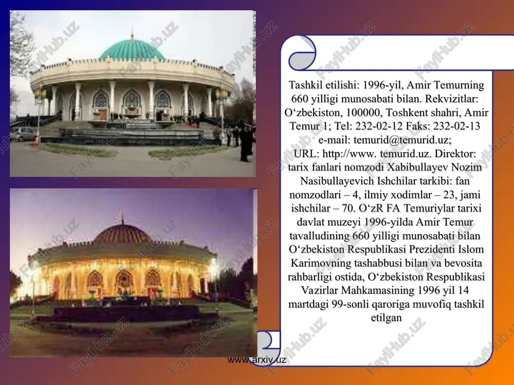mi panjarali. ochiq ayvonlari va ustunlari bor. tashqaridan bino ajib naqshlar bilan bezatilgan. muzey «davlat noyob ilmiy obyektlar ro‘yxati»ga kiritilgan. muzey fondlarida o‘zbekiston tarixi, jumladan amir temur va temuriylar davrini aks ettiruvchi eksponantlar saqlanadi; ular – qo‘lyozmalar, har xil xatlar, etnografiya, me’morchilik buyumlari, kumush va mis tangalar, sopol va mis idishlar va h. 2006 – 2011-yillar mobaynida 17 ta ko‘rgazma tashkil etildi. www.arxiv.uz www.arxiv.uz www.arxiv.uz www.arxiv.uz «amir temur – klavixo – samarqand», «yozuv madaniyati tarixi», «amir temur hayotidan lavhalar», «xorij merosi», «samarqand 2750 yoshda», «shohruhiya topilmalari», «toshkent – islom madaniyati markazi», «toshkent – sharq yulduzi», «imzolar», «noyob qo‘lyozmalar xazinasidan», «temuriylar davri renessansi», «temuriylar davlatida diplomatik aloqalar» va hokazolar shular jumlasidandir. yoshlarni vatanparvarlik va milliy iftixor, tarix, buyuk shaxslar va o‘tmish merosiga hurmat ruhida tarbiyalash maqsadida muzeyda bir qator madaniy-ma’rifiy tadbirlar o‘tkazildi. masalan: «buyuk qalam ustalari», «temuriylar davri huquqiy merosi», «amir temur avlodlari», «tarix marvaridlari», «buyuk siymo». mavzuiy ekskursiyalar ham o‘tkazilgan: …