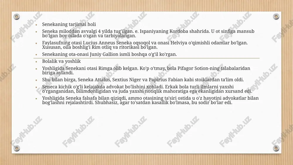 t qilgan. xotini messalina bilan maslahatlashgandan so'ng, u sharmandali ma'ruzachini korsika oroliga surgun qildi va u erda 8 yil turishi kerak edi. qizig'i shundaki, senekaning erkinligini klavdiyning yangi rafiqasi - agrippina taqdim etdi. o'sha paytda, ayol imperator vafotidan so'ng, 12 yoshli o'g'li neronning taxtiga ko'tarilishidan xavotirda edi. agrippina klavdiyning birinchi nikohidan - britannikadan o'g'lidan xavotirda edi, u ham hokimiyatda bo'lishi mumkin edi. aynan shu sababli u erini senekani rimga qaytib, neronning ustozi bo'lishiga ishontirishga undadi. faylasuf 17 yoshida rim imperatoriga aylangan yigit uchun ajoyib o'qituvchi edi. neron o'z hukmronligini boshlaganda, senekaga konsul lavozimini berdi va uni eng qudratli maslahatchi maqomi bilan taqdirladi. va seneka ma'lum bir kuch, boylik va shon-sharafga ega bo'lishiga qaramay, u bir qator qiyinchiliklarni boshdan kechirdi. lucius seneca butunlay despotik imperatorga bog'liq edi, shuningdek, oddiy xalq va senatdan jirkanch edi. bu esa mutafakkirning 64 yilda o'z ixtiyori bilan iste'foga chiqishga qaror qilganiga olib keldi. bundan tashqari, u …