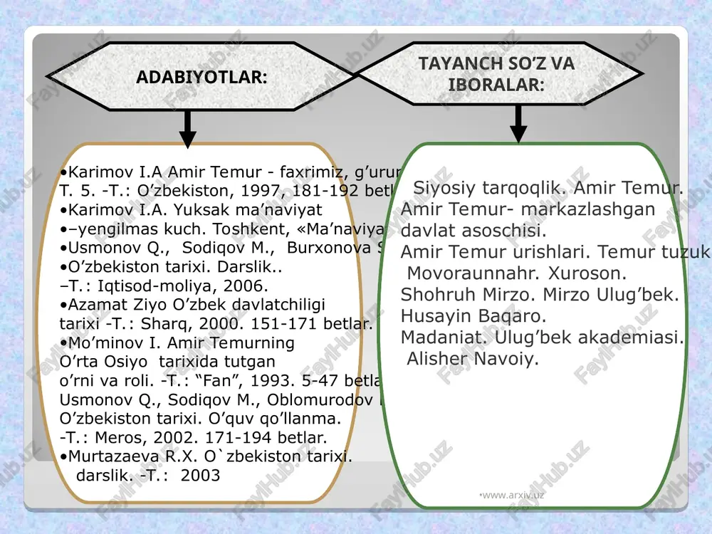 xs, sabzavorni bo’sundiriladi. 1371-1389 - yillarda jami 7 marta mo’g’uliston hukmdori amir qamariddinga qarshi jangu jadallar olib borish va sharqi, shimoliy hududlarning yurtga birlashtirilishi 1371 -1388 - yillarda xorazmdagi so’fiylar sulolasi hukmdorlariga qarshi olib borilgan urushlar va xorazmning yurt tarkibiga qo’shib olinishi www.arxiv.uz www.arxiv.uz amir temur –mutloq hukmdor devonbegi vazirlar maxfiy va ochiq kengashlar www.arxiv.uz www.arxiv.uz 1. davlat o‘z vakolatini bajarmog‘i uchun eng avvalo siyosiy jihatdan mustaqil bo‘lishi zarur. 2. davlat va jamiyatning yaxlitligi buzilmasligi kerak. 3. davlat va jamiyat muayyan qonunlar, tartiblar, g‘oyalar asosida boshqarilmog‘i lozim. 4. boshqaruvning turli bo‘g‘inlarini, muvofiqlashtirib turuvchi ma’lum bir tizim shakllangan bo‘lishi darkor. 5. jamiyatdagi ijtimoiy-iqtisodiy munosabatlar ahvoli (taraqqiyoti) davlatning diqqat markazida turmog‘i kerak. 6. fan va madaniyat ravnaqi to‘g‘risida doimiy qayg‘urish davlat ahamiyatiga molik qat’iy siyosat sifatida qaralmog‘i lozim. 7. har bir davr shart-sharoiti, tartiblariga ko‘ra davlat jamiyat ichki taraqqiyoti masalalarini tashqi dunyodagi mavjud omillardan foydalangan holda hal etib borishi darkor. 8. davlatni …