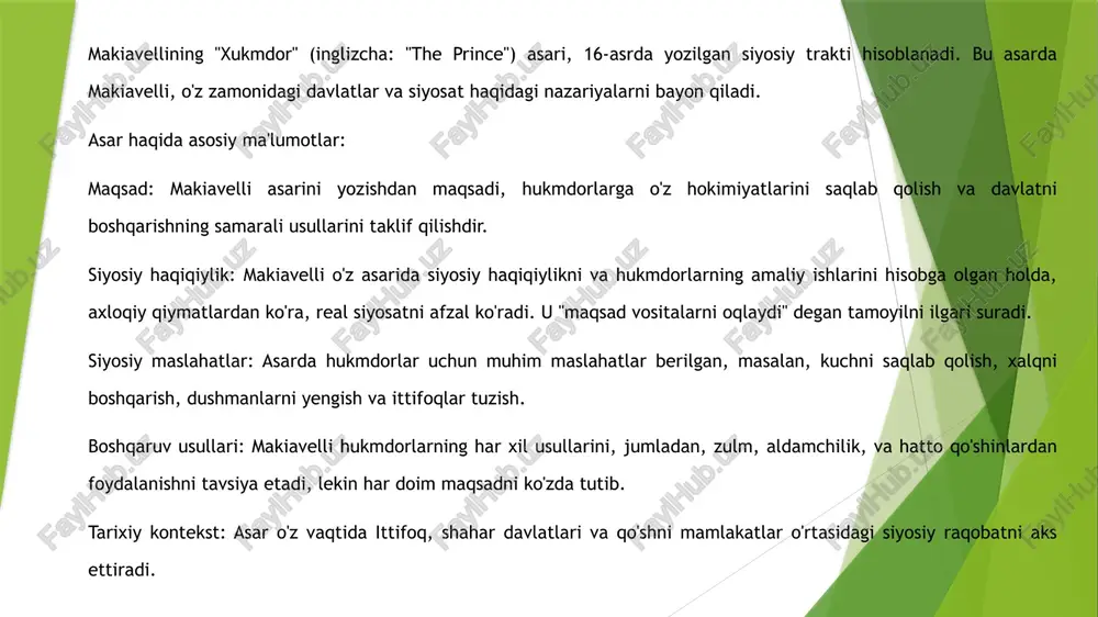 . inson tabiatini anglash: makiavelli inson tabiatini o'z-o'zidan qiziquvchan va narsalarga ega bo'lish istagi bilan to'ldirilgan deb tasavvur qiladi. bu, xukmdorning o'z fuqarolarini qanday boshqarish kerakligini bilishida muhim ahamiyatga ega. o'zgarish va vaziyatlar: u xukmdorlarning har doim o'zgaruvchan sharoitlarga moslashishi zarurligini va har qanday vaziyatda ularga qaram bo'lishi kerakligini ta'kidlaydi. makiavellining "xukmdor" (aslida "il principe" yoki "the prince") asari 16-asrda yozilgan va siyosat, hokimiyat va rahbarlikning amaliy masalalariga bag‘ishlangan. bu asar, ko‘plab nazariyalarni va amaliy tavsiyalarni o‘z ichiga oladi. makiavelli asarida siyosiy muammolarni hal qilishda realist yondashuvni ta'kidlaydi, hokimlarning kuchini saqlab qolish va o'z maqsadlariga erishish uchun zarur bo'lgan chora-tadbirlarni muhokama qiladi. asarning asosiy g'oyalari: siyosat va ahloq: makiavelli siyosat va ahloqni ajratishga chaqiradi, ya'ni, ko‘p hollarda siyosiy manfaatlar ahloqiy me'yorlardan ustun kelishi mumkin. hokimiyatni saqlash: u hokimlarga o'z hukumatlarini mustahkamlash va raqiblardan qochish uchun kuchli chora-tadbirlar ko'rishni tavsiya qiladi. dushmanlarga nisbatan yondashuv: makiavelli dushmanlarni to‘g‘ri baholash va zarur bo‘lganda …