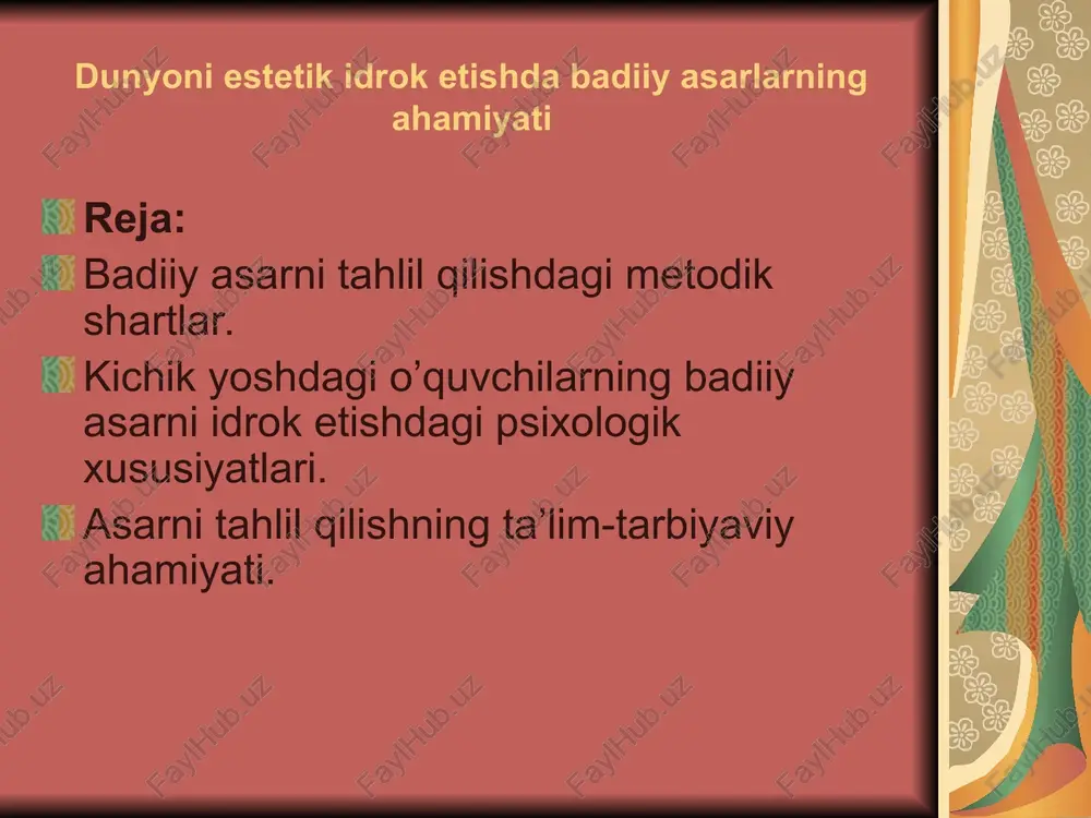 lash, ob’ektiv mazmun va sub’ektiv bahoni aniq materialda berish haqidagi qoidalar metodika uchun katta nazariy-amaliy ahamiyatga ega. birinchidan, asar ustida ishlashni muallifning asarida tasvirlangan voqealarga munosabati o’qituvchining diqqat markazida turadi. o’quvchilar voqelikni obrazlar orqali tasvirlashning o’ziga xos xususiyatlarini asta tushuna boshlaydilar. ikkinchidan, har qanday badiiy asarda aniq tarixiy voqelar tasvirlanadi. asardagi voqealarga tarixiy yondoshilgandagina asarga haqqoniy baho berish mumkin. uchinchidan, yozuvchining hayoti va qarashlari bilan o’quvchilarning yoshlariga mos ravishda tanishtirish maqsadga muvofiq. to’rtinchidan, badiiy asarni tahlil qilishda o’quvchilarni asarning g’oyaviy yo’nalishini tushunishga o’rgatish muhimdir. psixolog olimlarning ko’rsatishicha, badiiy asarni idrok etish uchun uni tushunishning o’zigina etarli emas. asarni idrok etish murakkab jarayon bo’lib, asarga, unda tasvirlangan voqelikka qandaydir munosabatning yuzaga kelishini o’z ichiga oladi. kichik yoshdagi o’quvchilar adabiy qahramonga ikki xil munosabatda bo’ladi. 1. adabiy qahramonga emosional munosabat. 2. elementar tahlil qilish. asarda qatnashuvchi shaxslarga baho berishda o’quvchilar o’z shaxsiy tushunchalaridan foydalanadilar. qaxramonning boshqa fazilatlarini baholash uchun ularda so’z boyligi, …