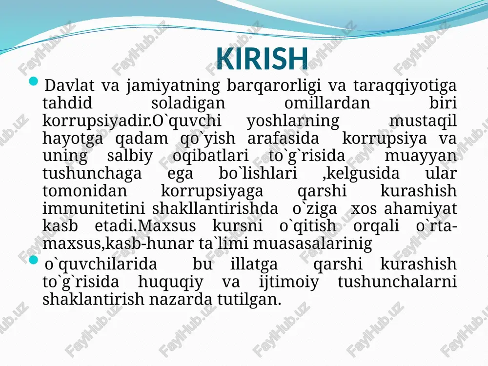 uncha bera olish va umumiy bilim orqali korrupsiyaviy qilmish va uning oqibatlarini anglash malakasiga ega bo`lishi lozim maxsus kursning o`quv rejadagi boshqa fanlar bilan o`zaro bog`liqligi, uslubiy jihatdan uzviyligi va ketma-ketligi o`zbekiston konstitutsiyasi va huquqshunoslik fanlari maxsus kurs bilan huquqiy jihatdan bog`liqligini bildirsa ,tarix, ma`naviyat asoaslari,oila psixologiyasi ,shaxs va jamiyat, dinshunoslik va estetika fanlari esa maxsus kurs bilan ijtimoiy va uslubiy jihatdan uzviyligi va ketma- ketligini namoyon qiladi. zamonaviy axborot va pedagogik texnologiyalar zamonaviy axborot texnologiyalari :maxsus kurs o`quvchilarga slaydlar ,multimedia vositalaridan foydalangan holda o`qitiladi . zamonaviy pedagogik texnologiyalar :maxsus kursni o`qitish jarayonida “aqliy hujum “,”keys –stadi”, ”amaliy o`yin”,”mumoli vaziyat”, ”nima uchun “ va boshqalar qo`llaniladi nazariy, seminar mashg`ulotlari va mustaqil ishlari tashkil etish bo`yicha ko`rsatmalar nazariy mashg`ulotni tashkil etish:o`qituvchi huquqiy adabiyotlar,tegishli huquqiy normativ hujjatlar, oavmateriallaridan foydalangan holda, mavzu yuzasidan tushunchalarni reja asosida taqsimlab bilim beradi. seminar mashg`ulotini tashkil etish:savol-javob; asosiy tushunchalarni ilg`or pedagogik texnologiyalar bilan mustahkamlash; mustaqil topshiriqlar berish; …