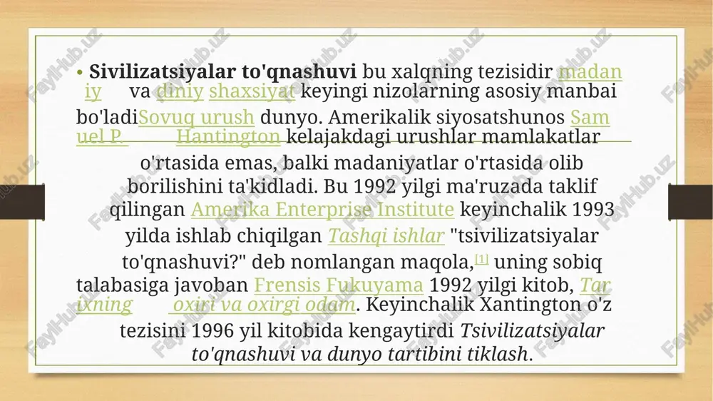 shi bilan ishongan mafkura nihoyasiga etdi, dunyo faqat madaniy to'qnashuvlar bilan tavsiflangan normal holatga qaytdi. o'zining tezisida u kelajakdagi nizolarning asosiy o'qi madaniy yo'nalishlarda bo'lishini ta'kidladi.[8] kengaytma sifatida u turli xil kontseptsiyani taklif qiladi tsivilizatsiyalar, ning eng yuqori darajasi sifatida madaniy o'ziga xoslik, mojaro potentsialini tahlil qilishda tobora ko'proq foydali bo'ladi. uning 1993 yil oxirida tashqi ishlar "tsivilizatsiyalar to'qnashuvi?" maqolasida, xantington yozishicha, "bu tsivilizatsiyalar o'rtasidagi ziddiyatlarning maqsadga muvofiqligini himoya qilish uchun emas. bu kelajak qanday bo'lishi mumkinligi to'g'risida tavsiflovchi gipotezani bayon qilishdir bundan tashqari, xantington uchun sivilizatsiyalar to'qnashuvi tarixning rivojlanishini anglatadi. o'tmishda dunyo tarixi asosan monarxlar, millatlar va mafkuralar o'rtasidagi kurashlar haqida edi, masalan ichkarida ko'rilgan g'arb tsivilizatsiyasi. biroq, tugaganidan keyin sovuq urush, dunyo siyosati yangi bosqichga o'tdi, unda g'arbiy tsivilizatsiya endi g'arb tsivilizatsiyasining ekspluatatsiya qilingan oluvchisi emas, balki g'arbga qo'shilib, dunyo tarixini shakllantirish va ko'chirish uchun qo'shimcha muhim aktyorlarga aylandi g'arbiy sivilizatsiya, qo'shma shtatlar va kanadani, g'arbiy va markaziy …