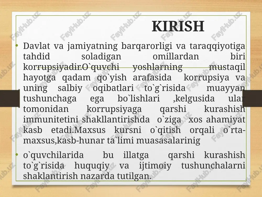 tushuncha bera olish va umumiy bilim orqali korrupsiyaviy qilmish va uning oqibatlarini anglash malakasiga ega bo`lishi lozim maxsus kursning o`quv rejadagi boshqa fanlar bilan o`zaro bog`liqligi, uslubiy jihatdan uzviyligi va ketma-ketligi o`zbekiston konstitutsiyasi va huquqshunoslik fanlari maxsus kurs bilan huquqiy jihatdan bog`liqligini bildirsa ,tarix, ma`naviyat asoaslari,oila psixologiyasi ,shaxs va jamiyat, dinshunoslik va estetika fanlari esa maxsus kurs bilan ijtimoiy va uslubiy jihatdan uzviyligi va ketma- ketligini namoyon qiladi. zamonaviy axborot va pedagogik texnologiyalar zamonaviy axborot texnologiyalari :maxsus kurs o`quvchilarga slaydlar ,multimedia vositalaridan foydalangan holda o`qitiladi . zamonaviy pedagogik texnologiyalar :maxsus kursni o`qitish jarayonida “aqliy hujum “,”keys –stadi”, ”amaliy o`yin”,”mumoli vaziyat”, ”nima uchun “ va boshqalar qo`llaniladi nazariy, seminar mashg`ulotlari va mustaqil ishlari tashkil etish bo`yicha ko`rsatmalar nazariy mashg`ulotni tashkil etish:o`qituvchi huquqiy adabiyotlar,tegishli huquqiy normativ hujjatlar, oavmateriallaridan foydalangan holda, mavzu yuzasidan tushunchalarni reja asosida taqsimlab bilim beradi. seminar mashg`ulotini tashkil etish:savol-javob; asosiy tushunchalarni ilg`or pedagogik texnologiyalar bilan mustahkamlash; mustaqil topshiriqlar berish; …