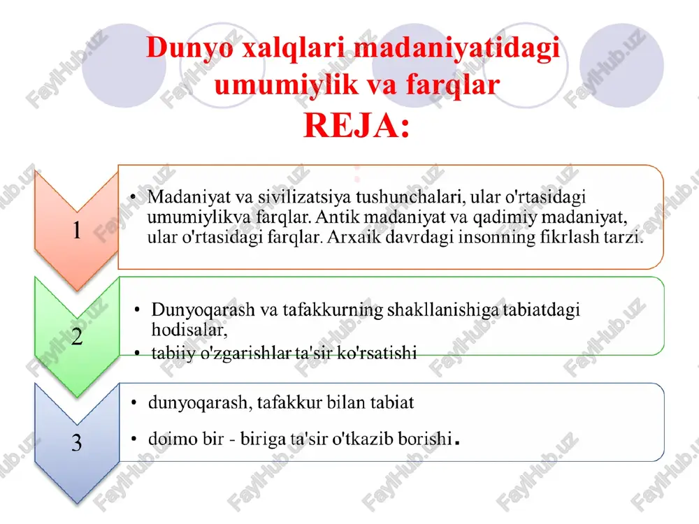 , inson sivilizatsiyani tadrijiy ravishda o'rganib, o'zlashtirib borishga moyildir. masalan, qadimgi misr, xindiston, eron, yunoniston va rimda sivilizatsiya ilk bor madaniyatning shakllanishiga va dunyo madaniyati rivojiga zamin bo'ldi. nima uchun qadimiyroq sharq mamlakatlari emas, aynan yunoniston va rim davlatlari madaniyat beshigi bo'ldi, aynan boshqa mamlakatlarda emas?-degan savol tug'iladi. chunki aqliy va badiiy tafakkur ilk bor yunoniston va rimda shakllandi. lekin aflotun, pifagor, epikur, eenon, empedakl va boshqa yunon donishmandlari misr va hindistondagi ustozlardan ta'lim olganlar. g'arb ulamolari fikricha, faqat yunon va rim madaniyati antik madaniyat deb yuritiladi. antik madaniyat bilan qadimiy (arxaik) madaniyat aynan bir xil emas. ular orasida ma'lum farqlar bor. garchi sharq madaniyati yunon – rim madaniyatidan qadimiy bo'lsa ham, yevropaliklar yunon - rim madaniyatini meros qilib oldilar va bu madaniyat yevropa madaniyati izchilligini ta'minlagani, yevropaliklar uchun yunon - rim jamiyati yagona qadimiy jamiyat bo'lgani uchun “antik” terminini qo'llaganlar. antik madaniyatning qadimiy madaniyatdan yana bir farqi-yangi madaniyatni, ya'ni …