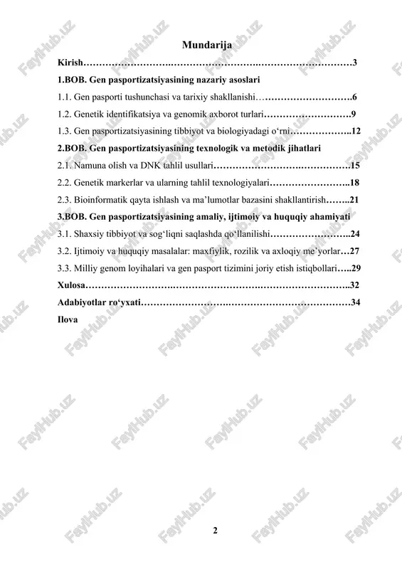 ngi kunda ko‘plab rivojlangan davlatlarda gen pasportizatsiyasi milliy sog‘liqni saqlash strategiyasining bir qismi sifatida joriy etilmoqda. masalan, aqsh, yaponiya, janubiy koreya va buyuk britaniyada genomik tahlil asosida individual tibbiyot yo‘nalishlari keng rivoj topmoqda. o‘zbekiston respublikasida ham genomika, molekulyar tibbiyot va biotexnologiyalar yo‘nalishida olib borilayotgan ilmiy izlanishlar gen pasportizatsiyasi uchun mustahkam ilmiy zamin yaratmoqda. gen pasportizatsiyasi shaxsning genetik tuzilmasini aniqlash orqali uning sog‘lom hayot kechirishi, kasalliklarni erta aniqlash va ularning oldini olish imkonini beradi. shu bilan birga, bu jarayon genom ma’lumotlarining maxfiyligi, saqlanishi va etika tamoyillariga qat’iy rioya etishni ham talab etadi. mavzuning dolzarbligi: hozirgi davrda tibbiyot sohasi an’anaviy kasallikni davolash yondashuvidan shaxsga yo‘naltirilgan tibbiyot – personalizatsiyalashgan tibbiyot konsepsiyasiga o‘tmoqda. bu o‘zgarishning markazida inson genomi haqidagi chuqur bilimlar va ularni amaliyotga tadbiq etish jarayoni turadi. gen pasportizatsiyasi ushbu o‘zgarishlarning asosi bo‘lib, har bir individning genetik ma’lumotlari orqali davo va profilaktika choralari ishlab chiqilishini ta’minlaydi. olimlarning fikriga ko‘ra, har bir insonda kamida …