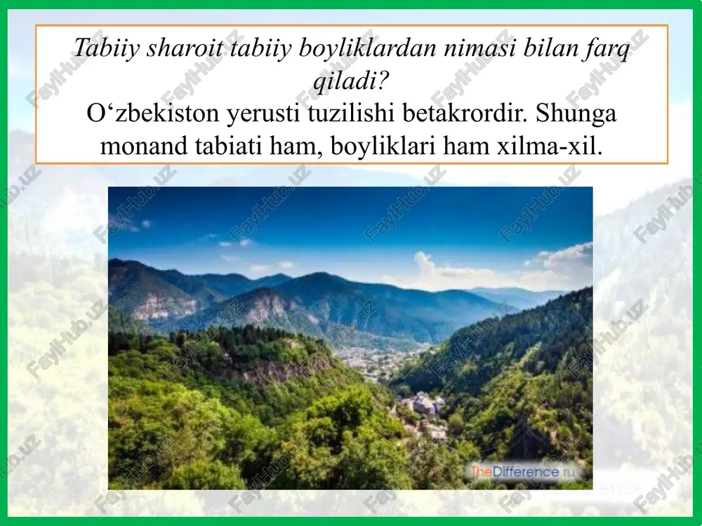 hyo va yoqilg‘ini tejaydigan texnika va texnologiyani qo‘llash. 15 tiklanmaydigan boyliklardan oqilona foydalanish kerak. toki kelajak avlod ham bu boyliklardan bahramand bo‘lsin. 16 eng muhim tabiiy boyliklardan yana biri – suv. qishloq xo‘jaligida ko‘p miqdorda suv sarflanadi. 17 sanoat korxonalari uchun ham ko‘p suv talab qilinadi. korxonalar eng katta shaharlar aholisi iste’mol qiladigan suvdan ko‘proq suvni «ichib» qo‘ymoqda. 18 suv – tiklanadigan tabiiy boylikdir. 19 qishloq xo‘jaligida foydalaniladigan unumdor tuproq (yer), 20 aholi ehtiyoji uchun zarur o‘simlik va hayvonot dunyosi (baliq, yovvoyi hayvonlar), 21 inson hayoti uchun zarur bo‘lgan havo ham tugaydigan va tiklanadigan tabiiy boylikka mansubdir. 22 toshkent, farg‘ona, navoiy kabi shaharlar, ayrim sanoat rayonlari hududida havo tarkibidagi kislorod aholi ehtiyojini qondira olmayapti. 23 holbuki, kislorod manbayi bo‘lgan o‘simliklar o‘nlab yillarda tiklanadi. 24 unumdor tuproq esa undan ham sekin tiklanadi. 25 o‘lkamiz hududi qishloq xo‘jalik mahsulotlarini yetishtirish uchun qulay iqlim sharoitiga ega. bu agroiqlim boyligi tugamaydigan tabiiy boylikdir. 26 …