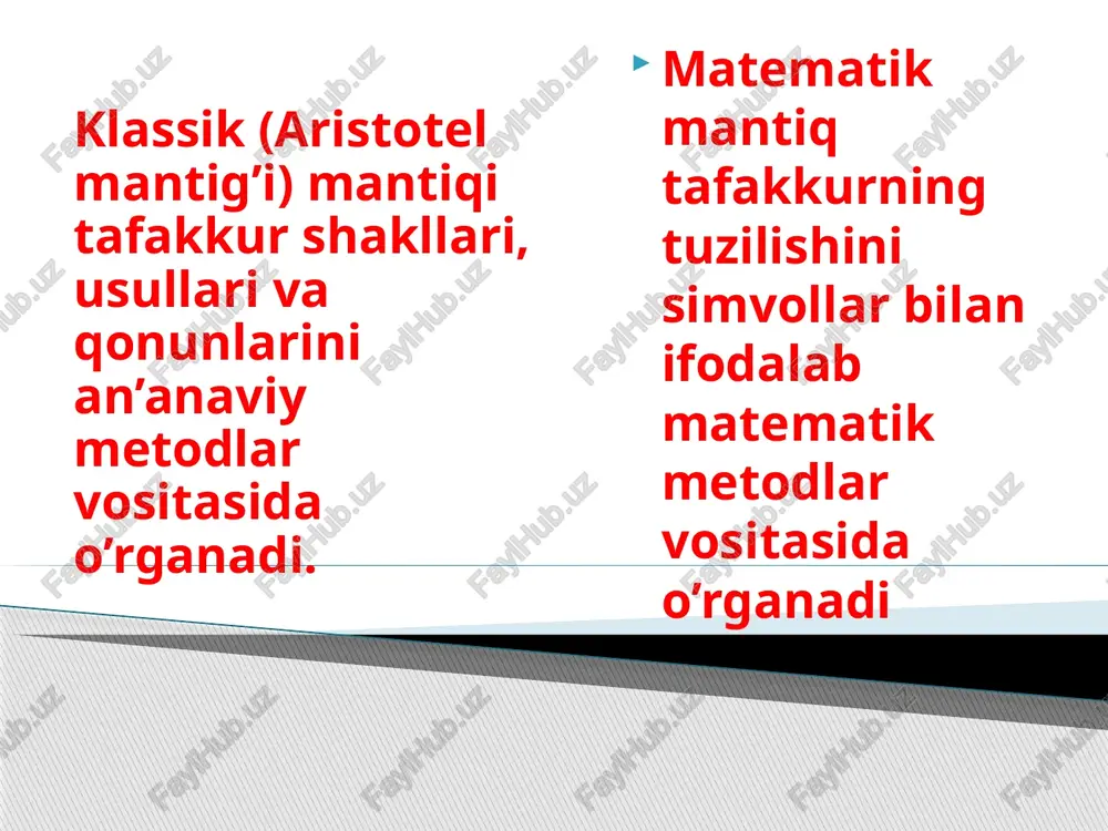 ob’ektdir; belgining tiplari – indekslar, obrazlar, simvollar; belgilar o’z ma’no va mazmuniga ega; semiotika – belgilarni o’rganuvchi fan. semiotikaning bo’limlari sintaksis – belgilarning o’zaro munosabatini, y’ani gap tuzilishi qoidalarini o’rganadi; semantika – belgi bilan u ifoda qilayotgan predmet o’rtasidagi munosabatni hamda belgilar mazmunini o’rganadi; pragmatika – kishilarning belgilarga munosabati hamda belgilar vositasidagi kishilar o’rtasidagi munosabatni o’rganadi. formal mantiqning asosiy qonunlari (printsiplari) formal mantiq fikrlar o’rtasidagi aloqani o’rganadi. bu aloqa va bog’lanishlar biz ularni bilishimiz yoki bilmasligimizdan qat'iy nazar mavjud bo’ladi. chunki bizning tafakkurimiz borliqning in'ikosidir. borliqdagi barcha narsa va hodisalar bir-biri bilan bevosita va bilvosita aloqada bo’ladi. mana shu aloqadorlik bizning tafakkurimizda in'ikos etadi. formal mantiq qonunlari tafakkurga xos bo’lib fikrning to’g’ri tuzilishini, uning aniq, izchil, ziddiyatsiz va etarli asosga ega bo’lishini ta'minlaydi.formal mantiq qonunlari ob'ektiv xarakterga ega. bu qonunlarga rioya qilish to’g’ri fikrlashni ta'minlaydi. ayniyat qonuni ayniyat qonuniga ko’ra har qanday fikr mulohaza jarayonida o’ziga aynan (a-a dir yoki …