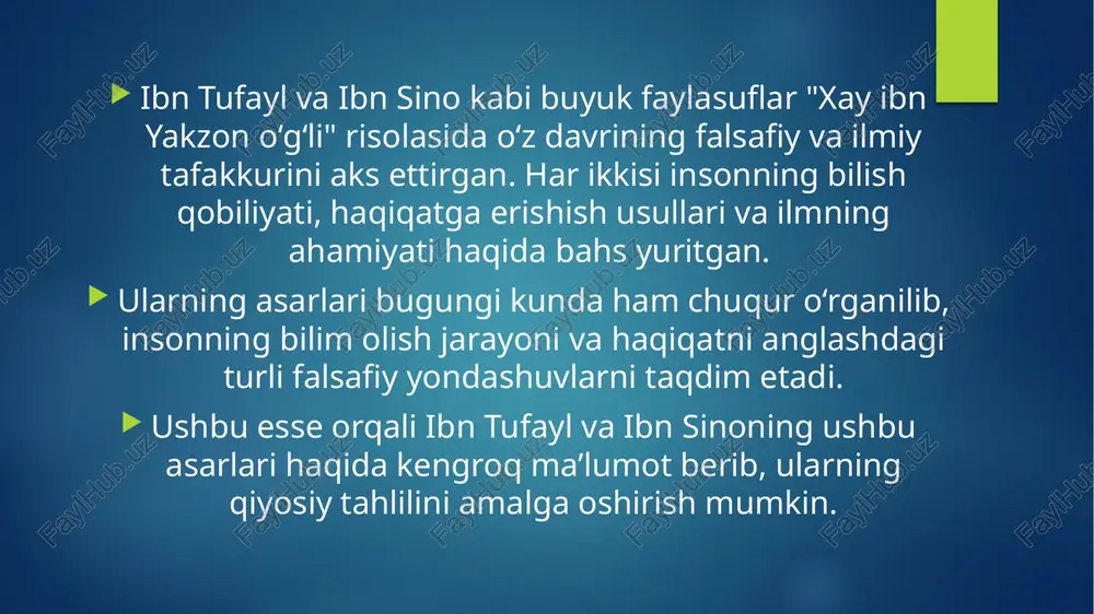 iy tafakkur yordamida dunyoning tuzilishini va uning ortidagi ilohiy haqiqatlarni tushunishga harakat qiladi. ibn sino xay orqali shuni ko‘rsatmoqchi bo‘ladiki, inson ilm va aql orqali haqiqiy bilimga erisha oladi. bu asar ko‘proq ilmiy falsafaga asoslangan bo‘lib, tabiat qonunlarini o‘rganish, ilmiy kuzatish va mantiqiy tafakkur asosida dunyoni anglash masalalariga qaratilgan. ibn tufaylning "xay ibn yakzon" asari: ibn tufaylning asari ham ilm va bilish haqida bo‘lsa-da, uning falsafiy yondashuvi ko‘proq ekzistensial va ruhiy haqiqatlarni izlash bilan bog‘liq. asarning asosiy qahramoni, xay, bir orolda hech qanday tashqi ta’lim olmagan holda o‘sadi va tabiatni kuzatish orqali asta-sekin o‘zining ichki bilish qobiliyatini rivojlantirib, yaratganning borlig‘ini anglaydi. bu asar orqali ibn tufayl insonning o‘zining ichki olami, tajribasi va aqliy qobiliyatlari orqali haqiqatni kashf etish mumkinligini ko‘rsatadi. shuningdek, asarda insonning ruhiy hayoti va undagi ma’naviy haqiqatlarga yetishish masalalari yoritiladi. o‘xshashliklar va umumiy nuqtalar: 1. insonning bilish qobiliyati: ibn tufayl va ibn sino ikkisi ham insonning bilim olish …