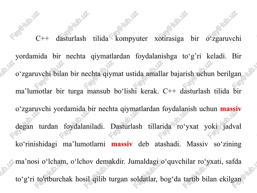 ami misol keltirish mumkin. vektor ham yagona nom bilan saqlanib uning tarkibida bir nechta qiymatni o‘zida mujassamlashadi. vektorning ham elementlari bir turga mansub va tartiblangan bo‘ladi. massivlar holatiga ko‘ra ikki turga bo’linadi. - bir o‘lchovli massivlar; - ikki o‘lchovli massivlar; bir o‘lchovli massivlar ma’lumotlarni bir satrli ko‘rinishda saqlasa, ikki o‘lchovli massivlar esa ma’lumotlarni matritsa ko’rinishida saqlaydi. massivlar holatiga ko‘ra ikki turga bo’linadi. - bir o‘lchovli massivlar; - ikki o‘lchovli massivlar; bir o‘lchovli massivlar ma’lumotlarni bir satrli ko‘rinishda saqlasa, ikki o‘lchovli massivlar esa ma’lumotlarni matritsa ko’rinishida saqlaydi. bir o‘lchovli massivlarni c++ dasturlash tilida bir nechta usullarda e’lon qilish mumkin. bir o‘lchovli massivlarni boshlang’ich qiymatlari berilmasdan c++ dasturlash tilida quyidagicha e’lon qilinadi. [ ]; massivni c++ dasturlash tilida e’lon qilish uchun, albatta, elementlar soni yoki massiv elementlarining boshlang’ich qiymatlari berilishi kerak. masalan, float a [20];. bunda float - massiv turi, a - massiv nomi. massiv nomi faqat bitta harfdan iborat bo’lmasdan ixtiyoriy …