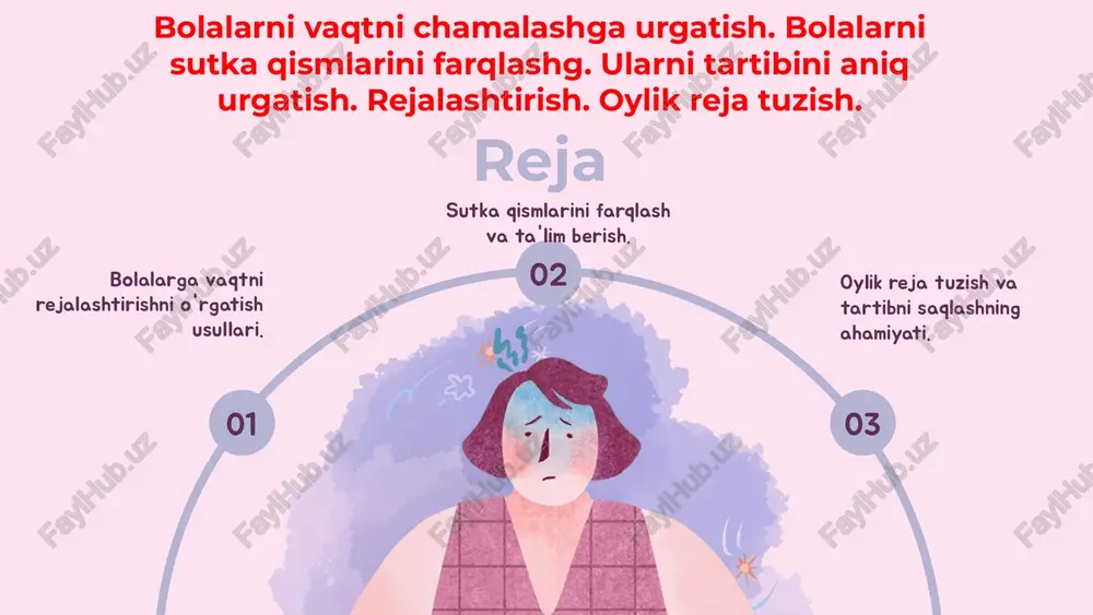 iyat uchun vaqt ajratish, 3) faoliyatlarni tartiblash. masalan, bolalar o'z kunini maktab, o'yin va uy vazifasiga ajratishi kerak. o'rganish jarayonida bolalarga ko'rsatmalar berish muhimdir. har bir faoliyat uchun aniq vaqt belgilash, rejani yozma ravishda ko'rsatish va ushbu rejani nazorat qilish bolalarga vaqtni samarali boshqarishga yordam beradi. shuningdek, misol sifatida, bir kunlik reja tuzish orqali bolalar o'z vaqtlarini qanday samarali boshqarishlarini ko'rsatish mumkin. oylik reja tuzish usullari bolalarga oylik reja tuzishni o'rgatish juda muhimdir. oylik reja bolalarga o'z vaqtlarini boshqarishga, harakatlarini tartibga solishga yordam beradi. oylik rejaning quyidagi asosiy bosqichlari mavjud: maqsadlarni belgilash, vazifalarni taqsimlash, muhim sanalarni belgilash va rejaning amalga oshirilishini nazorat qilish. bu jarayon bolalarga vaqtni samarali boshqarish imkonini beradi. muvaffaqiyatli rejalashtirish uchun misollar muvaffaqiyatli oylik reja tuzish uchun bir nechta misollar mavjud: 1. har hafta maqsadlarni belgilash: masalan, darslarni, o'yinlarni va boshqa faoliyatlarni rejalashtirish. 2. oylik rejaga ko'ra ta'til kunlarini belgilash va tayyorgarlik ko'rish. 3. har bir vazifani …