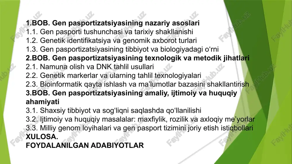 eotide polymorphism) tahlillari va butun genomni ketma-ketlash (whole genome sequencing, wgs) usullaridir. mikrosatellitlar qisqa dnk fragmentlarining takrorlanishiga asoslanadi va ular populyatsiyalar, oilaviy bog‘liqlik yoki nasl-nasabni aniqlashda juda ishonchli natija beradi. snp markerlari esa genetik farqlarning eng kichik, ammo eng keng tarqalgan shaklini ifodalaydi; genetik identifikatsiya tushunchasi xx asrning ikkinchi yarmida, molekulyar biologiya va genetika texnologiyalarining rivojlanishi bilan shakllangan. 1984-yilda ingliz olimi alek jeffreys tomonidan ishlab chiqilgan “dnk-fingerprinting” usuli bu yo‘nalishda haqiqiy inqilob yasadi. u inson dnksida takrorlanuvchi ketma-ketliklar (vntr – variable number tandem repeats) mavjudligini aniqlab, ularni shaxsni tanib olish uchun foydalanish mumkinligini isbotladi. genetik identifikatsiya va genomik axborot turlari rnk turlari ribosomal rnk (r-rna) ribosomalarning struktur komponenti informatsion rnk (i-rnk) yadrodagi dnkdan sitoplazmadagi ribosomalarga axborotni yetkazadi tranport rnk (trnk) translyatsiya vaqtida ribosomaga aminokislotalarni tashib, aminokislota zanjirini hosil qilishga yordam beradi. 1.3 gen pasportizatsiyasining tibbiyot va biologiyadagi o'rni ngs texnologiyalari bir necha platformalarga asoslanadi: illumina, ion torrent, pacbio va oxford …