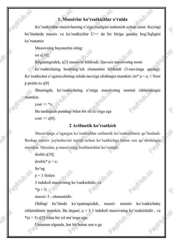 ani yechishingiz mumkin: void firstlast(const double a[], int size, double[] result) { result[0] = a[0]; result[1] = a[size - 1]; } massivni joylashtirish chaqiruvchining zimmasida. doimiy ko’rsatkichlar quyidagi ifoda doimiy ko’rsatkichni aniqlaydi: const double* p = &balance; p ko’rsatkichdagi baxoni o’lachayolmaysiz. quyidagi ifoda noto’g’ri: *p = 0; // error albatta, baxoni qisangiz bo’ladi: cout << *p; // ok doimiy massivning parametr o’zgaruvchanligi doimiy ko’rsatkichga teng. masalan: double sum(const double[] values, int size) 7.2.3 bo’limdan baxo-ko’rsatkichligini eslang. funksiya shunday aniqlanishi mumkin: double sum(const double* values, int size) massiv elementlarini o’qish uchun funksiya ko’rsatkich baxolarini ishlatadi, ammo ularnianiqlayolmaydi. adabiyotlar: 1. k.p.abduraxmanov, o’.egamov “fizika kursi” darsligi, toshkent.: aloqachi 2013 y. 2. k.p.abduraxmanov, o’.egamov “fizika kursi” darslik, toshkent, “o’quv ta’lim metodikasi” 2015 y. 3. savelev i. v. kurs fiziki. m.: nauka 1989 t. 1 4. savelev i. v. kurs fiziki. m.: nauka 1989 t. 2 5. savelev i. v. kurs fiziki. m.: nauka 1989 …