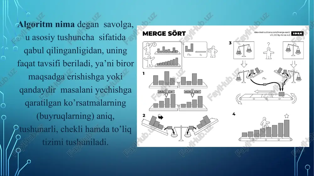 ga joylashtirishimiz mumkin. birlashtirish funktsiyasi quyidagicha ishlaydi: etiboringiz uchun rahmat. image3.jpg image4.gif image5.png image6.png image7.png image8.png image9.png image2.png merge sort beodbh aa pnt yn pny tns non no a 3-qadam: l yoki m ning oxiriga yetgunimizcha, l va m elementlaridan kattasi tanlanadi va a nuqtada to’g'ri joyga joylashtiriladi [p..r] lh while (i 5. else « é. atk] = m1337 n att 2 > 3. kets 20. > 4-qadam: l yoki m dagi elementlar tugagach, golgan elementlar a [p..1] ga joylashtirilishi kerak. /* biz oldingi sikldan chiqdik, chunki j <n2 ishlamayapti */ while (i < nl) 4 alk] att ket; » 1. /* oldings while (3 4 alk] get kee; = lil: sikldan chigdik, chunki i <nl ishlemayapti */ 1-qadam: saralash uchun pastki qatorlarning dublikat nusxalarini yarating 2-qadam: kichik massivlar va asosiy massivning joriy inde! ant i, 3, al n2 ant li4], mi2]: for (i= 0; i <4; i+) l[2] = …