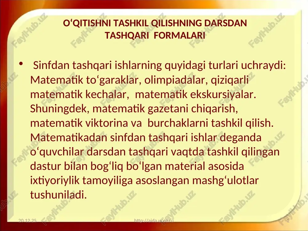 tgacha mo‘ljallangan bo‘lishi mumkin. 5.sinfdan tashqari ishlarning mazmuni va shakllarining turli-tumanligi. matematika fanidan sinfdan tashqari tadbirlar tadbir shaklitadbir mavzusitadbir maqsadio‘qituvchi faoliyatio‘quvchi faoliyati 1 matematik o‘yinlarsehrli kvadrattez va aniq hisoblash o‘yinni boshqarish, o‘quvchilarni qiziqtirish va sehrli kvadrat tarixi bilan tanishtirishmantiqiy fikrlash 2 qiziqarli matematik soatlarrebuslar, fokuslar, krsvordlar matematika darslarida olingan bilimlarni chuqurlashtirishturli rebuslarni, krasivordlarni tayyorlashrebuslar va krasivordlarni topish 3 matematik viktorinahamma narsalarni bilishni istaymanmurakkab masalalarturli murakkab masalalarni tayyorlash va viktorinani boshqarishhamma masalalarni bilishga intiladilar 4 matematika ertaligitarixiy masalalartarixiy misollarni o‘rganishmisollarni tayyorlash vaertaliklarni boshqarish. tarixiy misollarga qiziqtirishmisollarni yechishga harakat qilish 5. matematik to‘garaklarmashhur matematik olimlarning hayoti va faoliyatiolimlarning matematikaga qo‘shgan hissasi, matematika tarixini chuqur o‘rganishmatematika to‘garagini boshqarish va ssenariy yozishtarixiy materiallar to‘plami 6. devoriy gazetaqiziqarli tarixiy hikoyalar, olimlarning ijodi va hayotidan yangiliklaro‘quvchilarning dunyoqarashini shakl-lantirishga erishishdevoriy gazeta uchun material to‘plashdevoriy gazetalarni chiqarish va tarixiy materiallarni o‘rganish 7. ekuskursiyalartarixiy muzeylarga sayohatlarga olib borishmilliy grafika, geometrik shakllar bilan tanishtirishekskursiya jarayonida tarixiy materiallar bilan tanishtirishmatematikadan yangi …