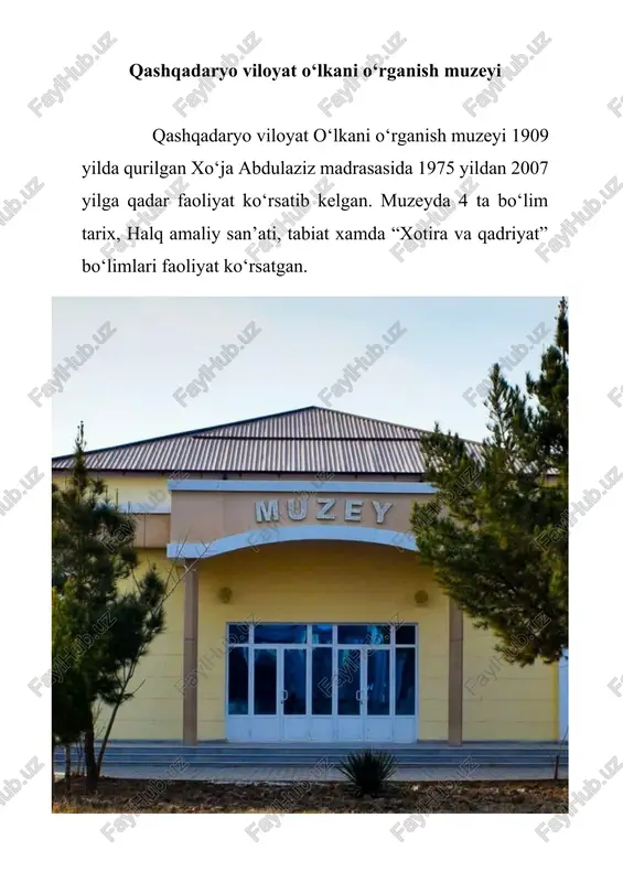 davomida rassom tomonidan ishlangan ijod namunalarini tashkil etadi. rassom yuqorida ko‘rsatib o‘tilgan davrlarda qashqadaryo shahrisabz vohasidagi me’moriy obidalar, ularning elementlari, dekorativ shakllari, usta hunarmandlarning ishlaridan namunalar, amaliy san’at buyumlarini san’at darajasida ishlangan shakllari aks etgan kartinalar tashkil etadi. rassom kartinalariga qarab bizgacha yetib kelmagan me’moriy obidalar haqida, noyob amaliy san’at buyumlari haqida ma’lumotga ega bo‘lishimiz mumkin. qashqadaryo vohasida qadimdan kulolchilik maktablari rivojlanib kelgan. muzeyda kitob kulolchilik maktabi ustalarining xx asr 50 – 60 yillarda ishlagan kulolchilik buyumlari namunalari ham o‘rin olgan. ayollarning qo‘lda to‘qilgan shoyi, adras olachadan tikilgan kaltachalari va kuylaklari xix asr oxiri xx asr boshlari. qashqadaryoning shahrisabz va kitob tumanlarida iroqi usulida qo‘lda tikilgan erkaklar va ayollar do‘ppilari, qopchiq (kashelyok ) lar, ularning tanvor (zagatovka) lari, oyoq kiyimlar tanvorlari xx asr 20 – 70 yillariga ta’luqli. qashqadaryo viloyat o’lkashunoslik muzeyi — madaniy-ma’rifiy muassasa. 1975 yilda qarshi shahrida tashkil etilgan. muzeyda tarix, xalq amaliy san’ati, tabiat, xotira va qadriyat …