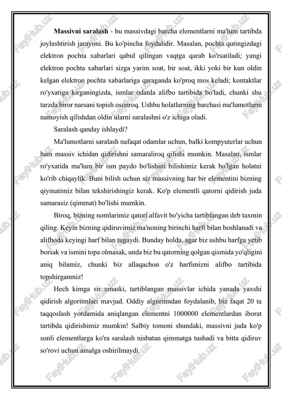 ollarda, qatorni saralash qidirishni keraksiz holga keltiradi. masalan, biz talabalar orasida eng yaxshi test balini qidirmoqdamiz. agar massiv saralanmagan bo'lsa, unda biz eng yuqori ballni topish uchun massivning har bir elementini skanerlashimiz kerak bo'ladi. agar massiv saralangan bo'lsa, unda eng yuqori ball birinchi pozitsiyada yoki oxirgisi bo'ladi (massivni saralash uslubiga qarab: ko'tarilish yoki tushish tartibida), shuning uchun biz qidirishning umuman hojati yo'q. tartiblash odatda qator elementlari juftlarini qayta taqqoslash va belgilangan mezonlarga mos keladigan bo'lsa, ularni almashtirish orqali amalga oshiriladi. ushbu elementlarni taqqoslash tartibi qaysi saralash algoritmidan foydalanilganiga bog'liq. mezonlar massivning qanday tartiblanishini belgilaydi (masalan, ko'tarilish yoki tushish tartibida). ikki elementni almashtirish uchun biz c ++ standart kutubxonasidan std :: swap () funktsiyasidan foydalanishimiz mumkin, bu sarlavha fayli algoritmida aniqlangan. c ++ 11 da std :: swap () funktsiyasi yordam dasturining sarlavha fayliga ko'chirildi: #include #include int main() { int a = 3; int b = 5; std::cout #include int …