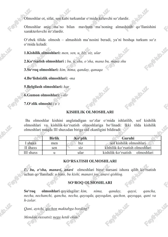 olmoshlar umumiylikni yakka orqali ko‘rsatadi. jamlovchi belgilash olmoshlari: hamma, barcha, bari, butun, jami. bu olmoshlar belgini jamlab, umulashtirib ko‘rsatadi. jamlovchi belgilash olmoshalri ega, ot oldidan sifatlovchi aniqlovchi vazifalarida keladi. bo‘lishsizlik olmoshlari. mavjud bo‘lmagan predmet, belgi, miqdorni bildiradi. shu boisdan bu olmoshlarda inkor, bo‘lishsizlik ma’nosi mavjud. bo‘lishsizlik olmoshlari so‘roq olmoshlari va bir, narsa so‘zlaridan oldin hech so‘zini keltirish bilan hosil bo‘ladi: hech kim, hech nima, hech qanday, hech qaysi,hech bir, hech narsa. gumon olmoshi. noaniq bo‘lgan predmet, miqdor belgini ko‘rsatadi va quyidagicha hosil bo‘ladi: 1. so‘roq olmoshlaridan oldin -alla, so‘roq olmoshlaridan keyin -dir qo‘shimchasini qo‘shish bilan: allakim, kimdir. 2. so‘roq olmoshlari va narsa so‘zidan oldin bir so‘zini keltirish bilan: bir nima, bir qancha, bir narsa. 3. gumon olmoshlar: birov, biror, ba’zi birov kabilar ham idir. olmoshlar boshqa so‘z turkumlaridan yasalmaydi. ular tuzilishiga ko‘ra sodda: men, sen, qanday; qo‘shma: allakim, allaqanday; murakkab: hech kim, bir narsa, hech qanday; juft: u-bu, o‘sha-o‘sha bo‘ladi. …