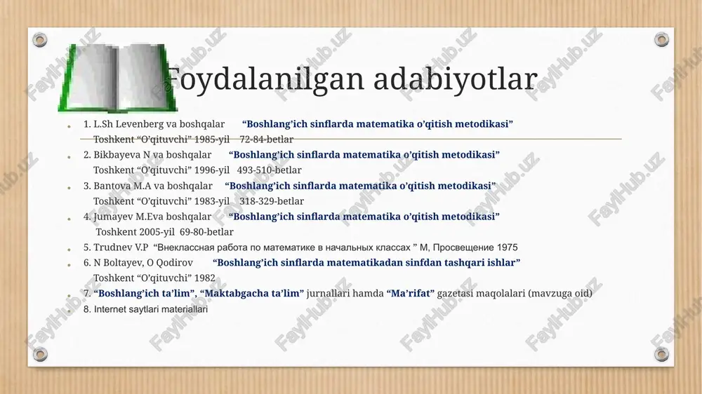 nikmalarini tarkib toptirishga, ularda umuminsoniy fazilatlarini shakllantirishga oid tarbiyaviy ishlarni amalga oshirish. o’quv ishlarini tashkil etishda darsdan tashqari shakllari mustaqil uy ishlari fakultativ mashg’u- lotlar o’quvchilar bilan yakka va guruh mashg’ulotlari o’quvchilar bilan ishlab chiqarishga, tabiatga ekskursiyalar uy ishlari bu- o’quvchilarni darsdan tashqari vaqtlarda mustaqil, individual ishlashlarini tashkil qilish shakllaridan biri uy ishlarini tashkil etish natijasida bolalarda quyidagi xislatlar shakllanadi shaxsni xafsalaligi mehnatsevarligi uyushqoqligi intizomliligi mas’ulyatliligi o’z o’zini nazorat qilishi uy ishlarini tashkil qilishda quydagi talablar asosida bo’lishi lozim uyga beriladigan vazifalar o’quvchilarning bilimlariga mos kelishi kerak uy vazifalari va unga sarflaydigan vaqt meyor darajasida bo’lishi kerak uy vazifalarini bajarish bo’yicha ko`rsatma bo’lishi kerak uy vazifalarini tizimli ravishda berib borish kerak o’quvchilar muntazam uy ishlarini bajarishlari shart hamma o’quvchi o’z imkoniyatiga qarab har doim topshiriq olishi uy ishlarini individuallashtirishni amalga oshirish maqsadga muvofiqdir uy vazifasini ko’rinishi va mazmuni turli tuman bo’lishi zarur uy vazifasi o’qituvchi tomonidan tekshirilishi shart darsdan tashqari …