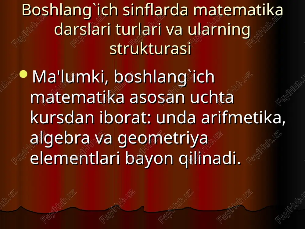 ini chuqurlashtirish va kengaytirish; - o`quvchilarning mantiqiy tafakkurlarini, topqirliklarini, matematik ziyrakliklarini rivojlantirish; - matematika qiziqishlarini orttirish, qobiliyatli va layoqatli bolalarni topish; - talabchanlik, irodani, mehnatga munosabatni, mustaqillikni, uyushqoqlikni tarbiyalash;