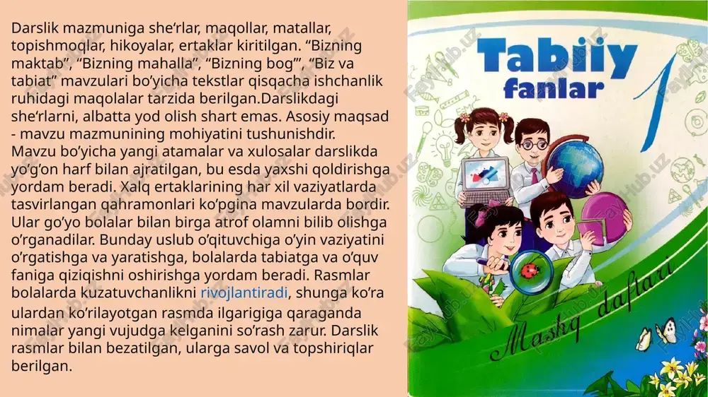 oni muntazam kuzatishni davom ettiradilar: bulutlanishni, shamol kuchini (kuchli, bo’sh, mo’tadil) belgilaydilar. fenologik kuzatishlar o’tkazishni davom ettiradilar: kunning uzunligini (kalendar bo’yicha), barglarning sarg’ayishini xazonrezgilikni, yil fasllari bo’yicha o’simlik va hayvonlar holatini belgilaydilar.. 3-sinfda umumsinf tabiat va mehnat kalendarini yuritish davom etadi, bu ikki yil davomida kuzatilgan hodisalarni taqqoslash imkoniyatini beradi. har kuni ob-havo, o’simlik va hayvonlar holatini belgilab, o’quvchilar joriy kuzatishlarini o’tgan yili shu kun o’tkazgan kuzatishlari bilan solishtiradilar. bunday ish kuzatishlarga qiziqishni, ularning sifatini oshiradi, tabiatshunoslik tushunchalarini chuqurroq o’zlashtirishga yordam beradi. “madaniy o’simliklar ”, “uy hayvonlari” mavzularini o’rganishda bolalar kuzatish, tajriba, ekskursiya, amaliy ishlar o’tkazish yo’li bilan o’simlik va hayvonot dunyosining mahalliy vakillari bilan, o’z joyi yuzasining shakllari bilan, suv havzalari va suvning xususiyatlari bilan, tuproq hamda foydali qazilmalar bilan tanishadilar. bolalar uchun “bizning o’lka” tushunchasi hammadan avval ularning uylari va maktabi joylashgan joydir, chunki ular ayniqsa atrof joyda bevosita kuzatishlari mumkin bo’lgan tuproq, o’simliklar, hayvonlar, yer yuzasining shakllari, …
