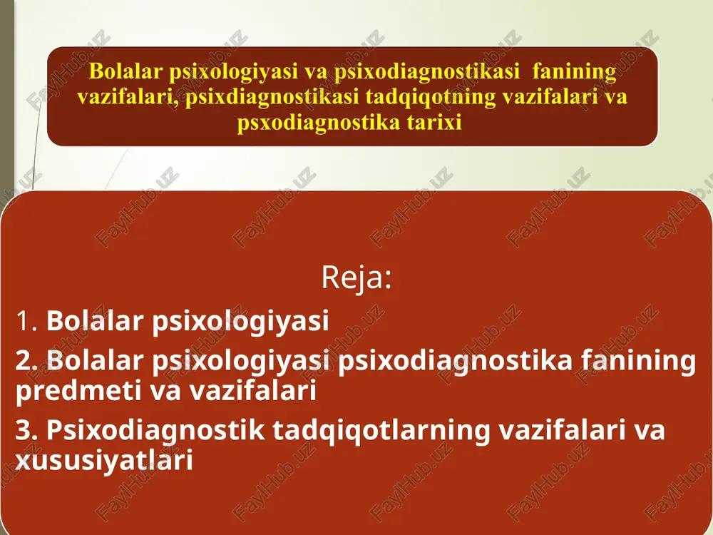 diagnoz ko‘rsatkich va tavsifnomalarni birgalikda taxlil qilish asosida sinaluvchining xolati va xususiyalari haqidagi xulosalaridan iboratdir. psixologik diagnoz (diagnosis - grekcha, aniqlash, bilish degan ma’noni anglatadi)-shaxs individual-psixologik xususiyatlarining xozirgi xolatiga baxo berish, rivojlanishini oldindan aytib berish (prognoz qilish) va psixodiagnostik tekshiruv vazifalaridan kelib chiqib, tavsiyalar ishlab chiqishga qaratilgan psixolog faoliyatining so‘nggi natijasidir. psixodiagnostik tadqiqotlar amaliyotida psixologik diagnoz qo‘yishning 3 bosqichi farqlanadi. simptomatik diagnozda dasturi mavjud har qanday exm bajarishi mumkin bo‘lgan tadqiqotda olingan natijalar qayta ishlanadi. etnologik dagnozda (kelib chiqish sabablari) biror xususiyatning mavjudligini emas, balki uning vujudga kelish sabablari ham xisobga olinadi. tipologik dagnozda sinaluvchi shaxs tuzilishida olingan natijalarning axamiyati va o‘rni aniqlanadi. psixodiagnostik tadqiqotlarning vazifalari va xususiyatlari. bolalarni psixodiagnostik tadqiq qilish yosh xususiyatlariga, u yoki bu yosh davri uchun etakchi faoliyat turining ta’siriga, individual tipologik tavsifnomalarning taraqqiyot darajasiga bog‘liq ravishda ba’zi xususiyatlarga ega. bola taraqqiyotining har bir yosh davri bolalar bilan ishlashning usullari va vazifalarini talab qiladi. psixodiagnostik tadqiqotlarning …