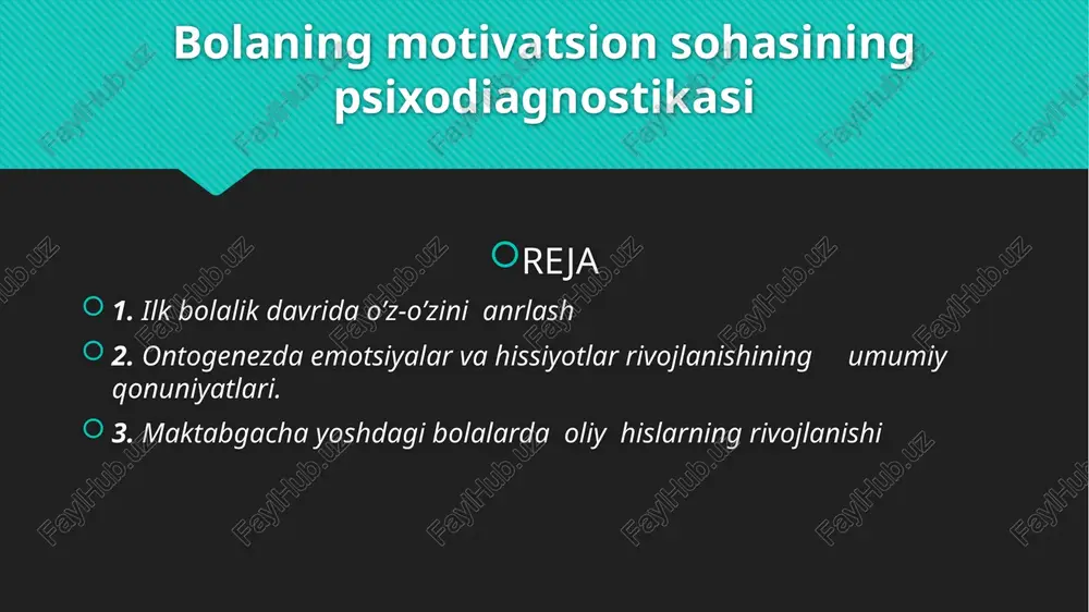 g muhum yutyqlaridan biridir. ba'zi psixologlar, (l.i.bojovich) xatto, ilk bolalik davrining oxiriga kelib paydo buluvchi "men" tizimi va uniig yuzaga keltiradigan mustakil harakat qilish extiyoji, uz "men"ini ro’yobga chiqarishi namoyon etish extiyoji yshbu davrda yuzaga keluvchi eng markaziy yangi to’zilma, deb hisodlashadi. bu to’zilma ketidan paydo buluvchi to’zilmalar orasida o’ziga-o’zi baxo berishning yuzaga kelishi bolaning shaxs sifatida rivojlanishida uta muhum ahamiyat kasb etadi. shaxs shakllanishining dastlabki bosqichlarida ya'ni ilk bolalik davrining oxiri va bog’cha yoshining boshidagi o’ziga-o’zi baxo berishning genezisida (yuzaga kelishida) bolaning kattalar bilan bo’lgan mulokoti hal qiluvchi ahamiyatga ega bo’ladi. bola o’zining imkoniyatlari haqida adekvat bilimga ega bulmaganligi tufayli katgalarning unga bergan baxosini kabul kiladi. boshqacha aytganda, bola o’zini katgalar orhali ularning bola haqidagi fikri orhali baxolaydi. bola bu davrda o’ziga­ o’zi baxo berishda tulaligicha kattalarning fikriga suyanadi. o’zi haqidagi mustaqil tasavvur elementlari esa biroz keyinroq paydo bo’ladi. maxsus tadqiqotlarning kursatishicha (b. g. nechaev va b.) ushbu elementlar …
