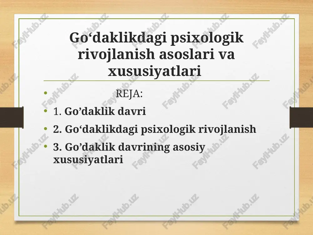 o bo’lishiga olib kelishi mumkin. 6-8 oylikda tish chiqa boshlaydi, dastlab, pastki markaziy kurak tishlar, keyin yukoriga markaziy, so’ng yon tomondagi, yil oxiriga borib, pastki yon tomondagi kurak tishlar ham chiqadi. bola bir yasharligida 8 ta tish bo’lishi kerak. tish chiqishi normal, hech qanday kasallik alomatlarisiz kechadi, ba’zan, tishi chikayotgan bola injiq bo’lib qoladi; darmonsizlanish, uyqusizlik, harorat ko’tarilishi, ich ketishi va boshqalar kuzatilishi mumkin. muskul sistemasi hali etarli rivojlanmagan bo’ladi, lekin go’dak o’sa borgani sari u tobora takomillashib, birmuncha kuchli, chidamli bo’lib koladi. 3-4 oyga borib, muskullar kamrok bukiladi, shu boisdan go’dakning bukilgan qo’l va oyoklari yozila borib, qad-komati sekin-asta o’zgaradi. bolani muntazam badantarbiya kildirilganda muskullari juda to’g`ri va bekamu ko’st rivojlanadi. chaqaloqlik (tug‘ilganidan boshlab bir-ikki oylikkacha). bola ko‘pchilik jonivorlarning bolasiga qaraganda ancha ojiz tug‘iladi. u nisbatan cheklangan xulq-atvor, tashqi olamga moslashishning muqarrar-reflektor shakllari jamg‘armasiga ega bo‘ladi. tug‘ma xulq-atvor shakllarining kamligi bola kuchsizligini emas, kuchini tashkil etadi – u deyarli …