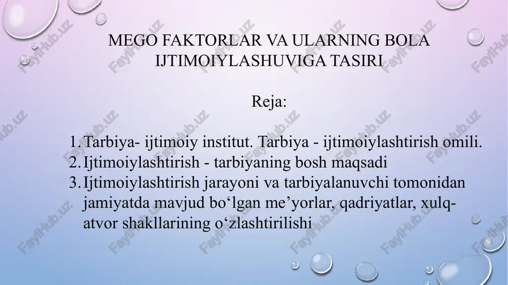 agilarni qamrab oladi: oilaviy, diniy, ijtimoiy, korreksion tarbiyalar majmuasi; ijtimoiy rollar yig’indisi; tarbiyachilar, tarbiyalanuvchilar, oila a’zolari, din arboblari, mintaqaviy, hududiy tarbiya tashkilotlari rahbarlari, jinoiy va totalitar guruhlar yetakchilari; turli xildagi tarbiya muassasalari; ijobiy va salbiy sanktsiyalar yig’indisi; tarbiyachilarning ta’lim va professional tayyorgarligi darajasi. tarbiya ijtimoiy institut sifatida ijtimoiy hayotda muayyan vazifalarga ega. tarbiyaning eng umumiy vazifalari quyidagilar: jamiyat a’zolarida bir maqsad sari qaratilgan dunyoqarashni shakllantirish va ular tomonidan tarbiya jarayonida amalga oshirilishi mumkin bo’lgan bir qator ehtiyojlarning qondirilishi uchun sharoitlar yaratish. jamiyatda faoliyat yuritish va uni rivojlantirishga qodir bo’lgan kadrlarni tayyorlash. ijtimoiy hayot barqarorligini madaniyatni avlodlarga meros qoldirish orqali ta’minlash. o’zgaruvchan ijtimoiy holatlarga jamiyat a’zolarini moslashishini ta’minlash. jamiyat a’zolarining intilishlari, maqsadlarining birlashishini va ijtimoiy, kasbiy, etnokonfessial guruhlar manfaatlarining uyg’unlashuvini ta’minlash. ijtimoiy pedagogning bu yo’nalishlarga bog’liq asosiy faoliyati zamonaviy tarbiya tamoyillari asosida quriladi. tarbiya tamoyillari. tarbiya tamoyillari - tarbiyani amalga oshirish qoidalari bo’lib, ular asosida nazariyalar ishlab chiqiladi va tarbiyaning metod, …