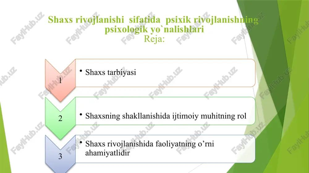 bilim, ma’lumot egallanadi, mehnat va texnik faoliyat bilan bog'liq ko’nikma va malakalar hosil bo’ladi. tarbiya tufayli tug'ma kamchiliklar ham o’zgartirilib, shaxs kamolga etadi. tarbiya yordamida muhitning salbiy ta’sirini ham yo’qotish mumkin. tarbiya kelajakka qaratilgan maqsadni belgilaydi. demak, tarbiya bilan rivojlanish bir-biriga ta’sir etadi, bu tarbiya doimiy va uzluksizdir. shaxs rivojlanishi nimalarga bog’liq irsiyat muhit tarbiya faoliyat shaxs rivojlanishida faoliyatning o’rni ahamiyatlidir bu degani inson qanchalik mehnat qilsa, uning rivojlanishi shunchalik yuqori bo’ladi. faoliyat o’zi nima? faoliyat shaxs tomonidan tabiiy va ijtimoiy hayotni maqsadga muvofiq tashkil etiluvchi kundalik, ijtimoiy yoki kasbiy harakatlarning muayyan shakli, ko’rinishi. insonning qobiliyati va yoshi u tomonidan tashkil etilayotgan faoliyat mohiyatiga ko’ra belgilanadi. faoliyat jarayonida inson shaxsi, har tomonlama va bir butun, yaxlit holda rivojlanadi. lekin faoliyatni maqsadga muvofiq amalga oshirishi uchun uni to’g’ri tashkil etish lozim. lekin ko’p holatlarda shaxsning rivojlanishi uchun imkoniyatlar yaratilmaydi, tarbiyalanuvchilarning ijtimoiy mehnat, bilish faoliyatlari cheklangan bo’ladi. o’smir va o’spirinlar faoliyatining asosiy …