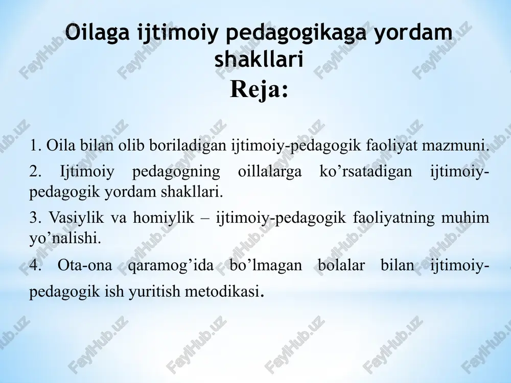 oila muhitiga muvaffaqiyatli moslashuvini ta’minlash hamda oilaning tarbiyaviy imkoniyatlarini oshirishdan iborat. 9. farzandlikka olgan oila bilan ijtimoiy-pedagogik ish olti bosqichda amalga oshiriladi: 1) oilani qidirish; 2) ota-onalarni o’rganish; 3) oilaga tashrif buyurish;4) oila muhitini o’rganish; 5) ta’limiy-ma’rifiy faoliyat; 6) yuqori darajadagi ma’rifiy savodxonlik. 10. mehribonlik uylarining asosiy vazifalariga bola uchun qulay sharoit yaratish; salomatligini asrash; moslashuvni ta’minlash; huquqiy himoyalash; ta’lim olishini ta’minlash; ma’naviy-axloqiy tarbiyalash; hayotiy maqsadlarni shakllantirish va o’z-o’zini rivojlantirishga yo’naltirish. jamiyatda oilaning roli o’zining kuchi bo’yicha boshqa qech bir ijtimoiy institutlar bilan tenglashtirib bo’lmaydi. aynan olada insonning shaxsi shakllanadi va rivojlanadi; bola jamiyatda qiyinchiliksiz moslashib ketishi uchun u ijtimoiy vazifalarni egallaydi. oila birinchi tarbiyaviy institut sifatida ishtirok etadi, u bilan boqliqlikni inson o’zining butun hayoti davomida qis etadi. oilada insonning ma’naviyligiga asos solinadi, qulqiy qoidalari yuzaga keltiriladi, shaxsning ichki dunyosi va individual siftlari ochib beriladi. hamma davrlarda qam oila o’zining bolalarni tarbiyalashda yordam olishga talabni xis etgan. tarixning ko’rsatishicha …
