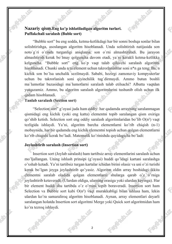 veradi. (ulardan oldiga, ularning orasiga yoki ulardan keyinga). har bir element huddi shu tartibda o’z o’rnini topib boraveradi. insertion sort ham selection va bubble sort kabi o(n²) vaqt murakkabligi bilan ishlasa ham, lekin ulardan ko’ra samaraliroq algoritm hisoblanadi. aynan, array elementlari deyarli saralangan holatda insertion sort algoritmi merge yoki quick sort algoritmidan ham ko’ra tezroq ishlaydi. tezkor saralash (quick sort) bu algoritm charlz hoar tamonidan 1964 yilda taklif qilingan. charlz hoar ingliz olimi, informatika va hisoblash texnikasi sohasida yetuk mutaxassis. uning “tezkor saralash” algoritmi saralash bo’yicha eng ommobop algoritm. · bu algoritm ham “bo’lib tashla va hukmronlik qil” metodiga asoslanadi. · massivda bo’luvchi element x tanlanadi. · elementlarni shunday joylashtiramizki, dastlab x dan kichik yoki teng bo’lgan elementlar joylashsin, keyin undan katta bo’lgan elementlar joylashsin. · keyin ularni alohida saralaymiz. qo’shib saralash (merge sort) bu algoritm jon fon neyman tamonidan 1946 yilda taklif qilingan. jon fon neyman vengriyalik matematika, kvant …