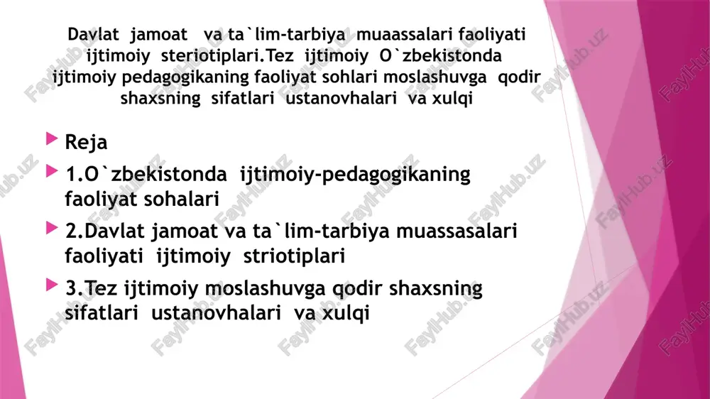 nomus va halollik, saxiylik, kamtarlik va boshqa shu kabi axloqiy fazilatlarini rivojlantirish; ko‘pmillatli halkimiz ongida ‘‘o‘zbekiston – umumiy vatanimiz’’ degan e‘tikodini shakllantirish va rivojlantirish mamlakatimiz kelajagi uchun oliy majlisning ix sessiyasida qabul qilingan kadrlar tayyorlash bo‘yicha milliy dasto‘rning amalga oshirilishi juda muhim ahamiyatga ega-deydi prezidentimiz i.a.karimov. bu dasto‘rni bajarish uchun javobgar kishilar oldiga men quyidagi vazifalarni kuymokchiman: ta‘lim tizimida mazkur tajriba qanday o‘tayotganini va uning dastlabki natijalarini chuqur tahlil etib, ta‘lim andozalari, o‘quv rejalari va dasturlari mazmuniga islohotlarning bosh maqsadidan kelib chiqqan holda, ya‘ni yangi avlodni kamol toptirishga qaratilgan zarur tuzatishlar kiritish darkor. ana shu vazifalarni bajarish ijtimoiy munosabatlarni uyg'unlashuviga xizmat qiladi, davrning tobora oshib borayotgan talablariga javob berishga qodir bo‘lgan mutlako yangicha tipdagi shaxsning shakllanishini ta‘minlaydi milliy g'oya‘ni ruyobga oshirish jarayonida uzluksiz ta‘lim tizimlarini, ko‘prok halk pedagogikasida, o‘yinlarda va shu kabilarda o‘z aksini topgan progressiv milliy, ma‘naviy – axloqiy kadriyatlar va normalarni qayta tiklash, rivojlantirish hamda hozirgi hayotga, o‘quv …