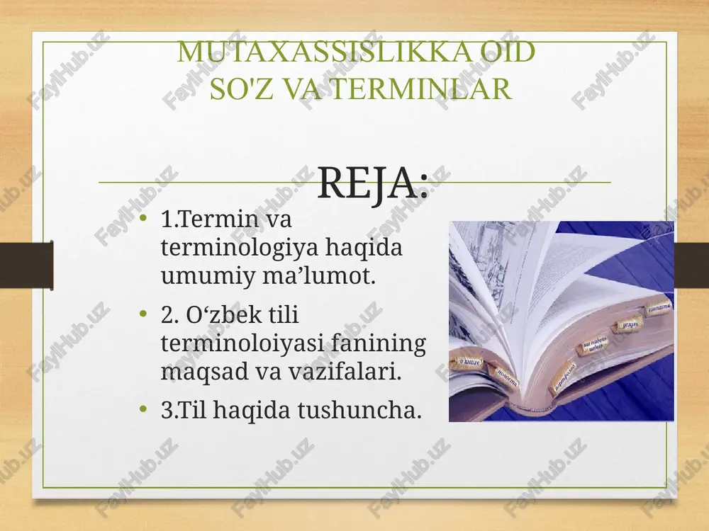 chaning qat`iy, ilmiy tavsifiga ega bo‘lmagan yarim rasmiy so‘zdir”,-deydi. r.doniyorov bu fikrga e`tirozan, “bunday qat`iy da’vo, aslini olganda, tilni sinfiy deb hisoblagan ayrim “olim”larning qarashlari davomidir desak, xatoga yo‘l qo‘ymasmiz” deya munosabat bildiradi. h.jamolxonov terminga munosabatda bo‘lar ekan quyidagicha yozadi: “terminlar fan-texnika, adabiyot, san`at va boshqa sohlarga oid ixtisoslashgan, qo‘llanishi muayyan soha bilan chegaralangan tushunchalarni ifodalaydigan nominativ birliklardir: gulkosa, shona (botanikada); to‘rtburchak, kvadrat (geometriyada); ega, kesim (tilshunoslikda); qofiya, turoq, vazn (adabiyotshunoslikda) kabi ”. terminalogiyaning rivojlanishi, boyish yoʻllari har xil: boshqa tillardan soʻz olish, yangi soʻz yasash, ayrim fammatik kategoriyalarning leksikalashuvi, soʻz birikmasining semantik bir butun holga kelib qolishi va boshqa bugungi kunda oʻzbek terminalogiyasining boyishi, asosan, boshqa tillardan soʻz olish va ichki soʻz yasash hisobiga roʻy bermoqda. u yoki bu soha terminologik tizimining barkarorligini belgilovchi asosiy omili uning tartibga solinganligi va muntazamligidir. terminalogiyaning oʻziga xos xususiyatlari mavjud. masalan, umumadabiy tilda sinonimiya, omonimiya va kup maʼnolilik tilning boyligi boʻlsa, terminalogiyada bular …
