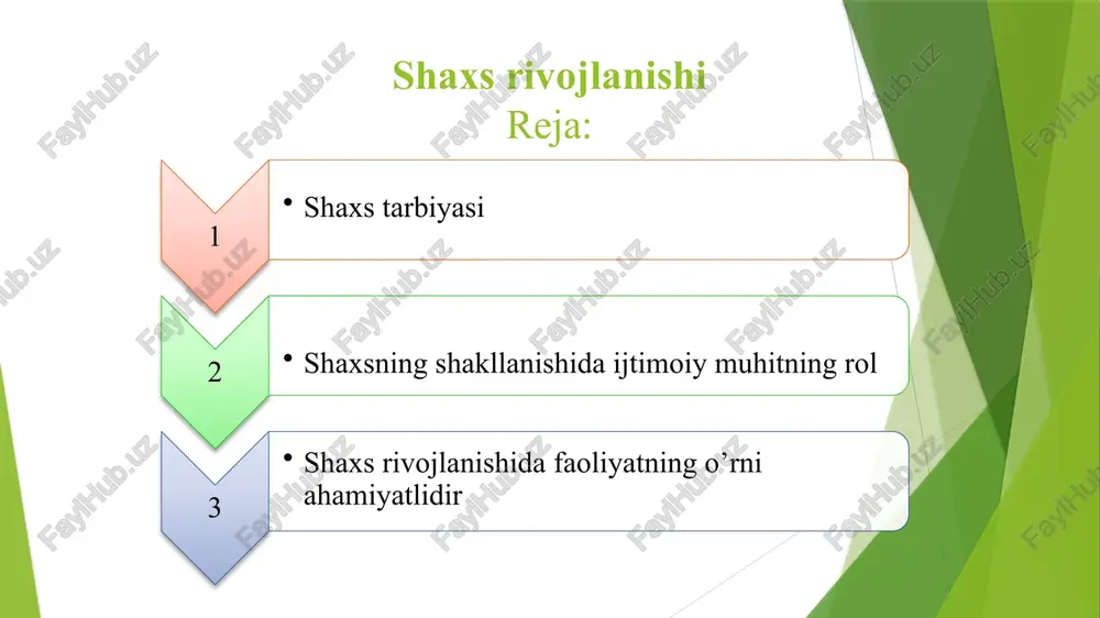 adi, mehnat va texnik faoliyat bilan bog'liq ko’nikma va malakalar hosil bo’ladi. tarbiya tufayli tug'ma kamchiliklar ham o’zgartirilib, shaxs kamolga etadi. tarbiya yordamida muhitning salbiy ta’sirini ham yo’qotish mumkin. tarbiya kelajakka qaratilgan maqsadni belgilaydi. demak, tarbiya bilan rivojlanish bir-biriga ta’sir etadi, bu tarbiya doimiy va uzluksizdir. shaxs rivojlanishi nimalarga bog’liq irsiyat muhit tarbiya faoliyat shaxs rivojlanishida faoliyatning o’rni ahamiyatlidir bu degani inson qanchalik mehnat qilsa, uning rivojlanishi shunchalik yuqori bo’ladi. faoliyat o’zi nima? faoliyat shaxs tomonidan tabiiy va ijtimoiy hayotni maqsadga muvofiq tashkil etiluvchi kundalik, ijtimoiy yoki kasbiy harakatlarning muayyan shakli, ko’rinishi. insonning qobiliyati va yoshi u tomonidan tashkil etilayotgan faoliyat mohiyatiga ko’ra belgilanadi. faoliyat jarayonida inson shaxsi, har tomonlama va bir butun, yaxlit holda rivojlanadi. lekin faoliyatni maqsadga muvofiq amalga oshirishi uchun uni to’g’ri tashkil etish lozim. lekin ko’p holatlarda shaxsning rivojlanishi uchun imkoniyatlar yaratilmaydi, tarbiyalanuvchilarning ijtimoiy mehnat, bilish faoliyatlari cheklangan bo’ladi. o’smir va o’spirinlar faoliyatining asosiy turlariga o’yin, …