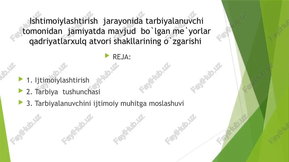 i sababli bu muammoga alohida e’tibor qaratish lozim. shu bilan birga ba’zi mualliflar tarbiyani ijtimoiylashuv bilan almashtirishga harakat qilishmoqda. boshqalari tarbiyani bola ijtimoiylashuvining bir qismi sifatida o’rganishadi ba’zi olimlar esa ijtimoiylashuv deganda fuqaroviy va axloqiy tarbiyani tushunishadi. to’rtinchi guruh olimlari shaxs ijtimoiylashuvini tarbiyaning asosiy maqsadi deb hisoblashadi. biroq tarbiya bola ijtimoiylashuvining asosiy omillaridan biri ekanligini hamma tan oladi. tarbiyaning asosida ijtimoiy harakat bo’lishi, uni ijtimoiylashuvdan farqlaydi. ijtimoiylashuv tushunchasini fanga kiritgan maks veberg uni muammolarni yechishga qaratilgan harakat, inson xulq-atvorining taxminiy variantlarini sub’ektiv anglash sifatida ta’riflagan. umuman olganda, ijtimoiylashuv uzluksiz jarayondir, ya’ni inson doimo jamiyat bilan munosabatda bo’ladi. tarbiya esa diskret (uzlukli) jarayondir. chunki u muayyan tashkilotlarda amalga oshirilib, zamon va makonda cheklangan bo’ladi. tarbiya pedagogikaning asosiy kategoriyalaridan biridir shunga qaramay tarbiyaning umume’tirof etilgan ta’rifi mavjud emas. bunga uning ko’p ma’noliligini sabab qilib ko’rsatsak bo’ladi. tarbiyani ijtimoiy hodisa, faoliyat, jarayon, qadriyat, tizim, ta’sir, o’zaro munosabat sifatida ko’rib chiqsak bo’ladi. bu tushunchalarning …